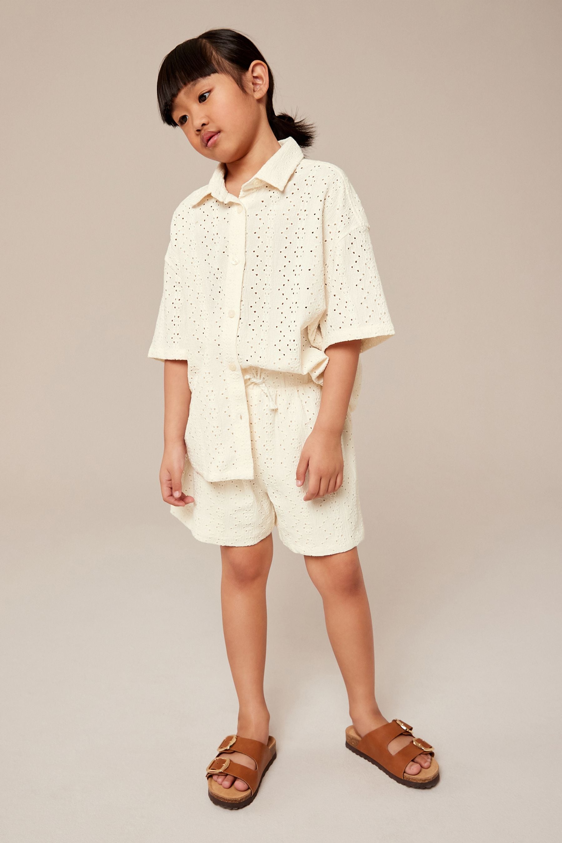 Ecru Cream Oversized Textured Shirt And Shorts Set (3-16yrs) (3-16yrs)