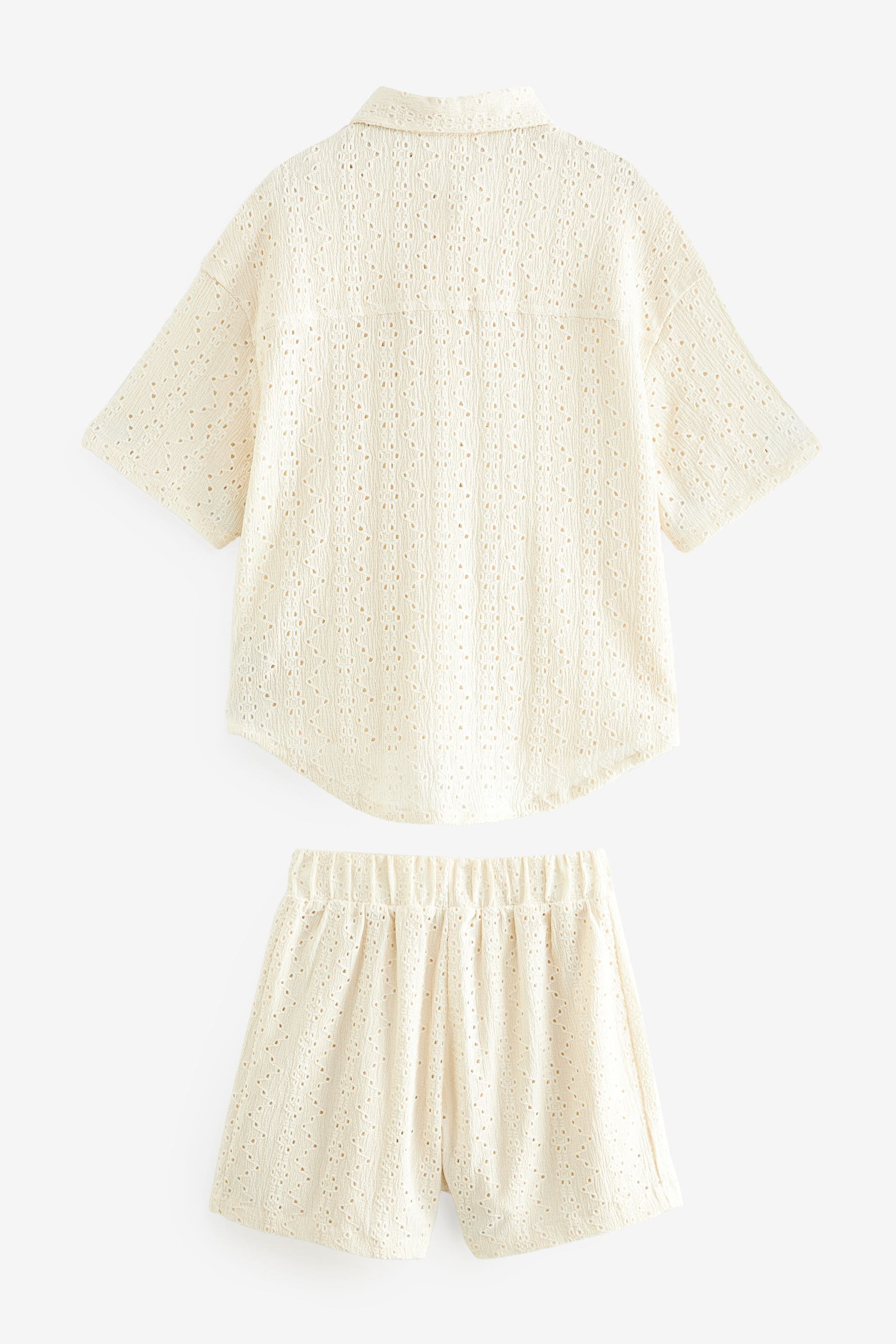 Ecru Cream Oversized Textured Shirt And Shorts Set (3-16yrs) (3-16yrs)