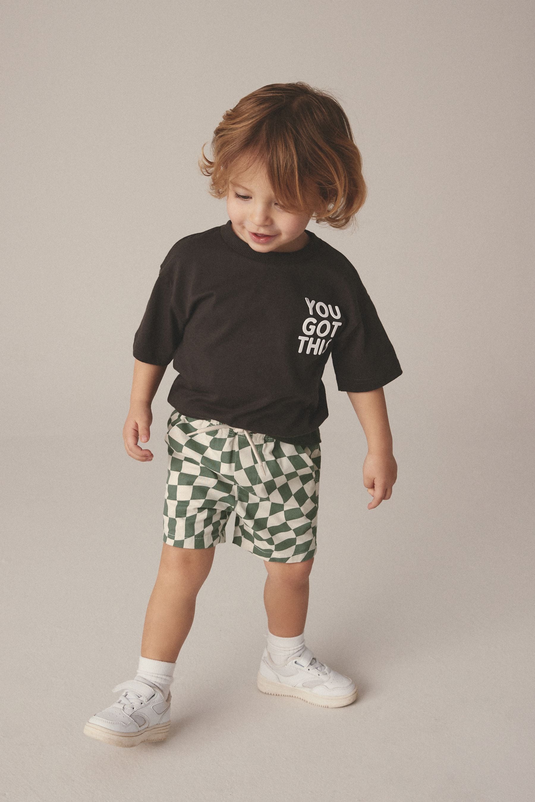 Green/Ecru Checkerboard 100% Cotton Pull-On Shorts (3mths-7yrs)