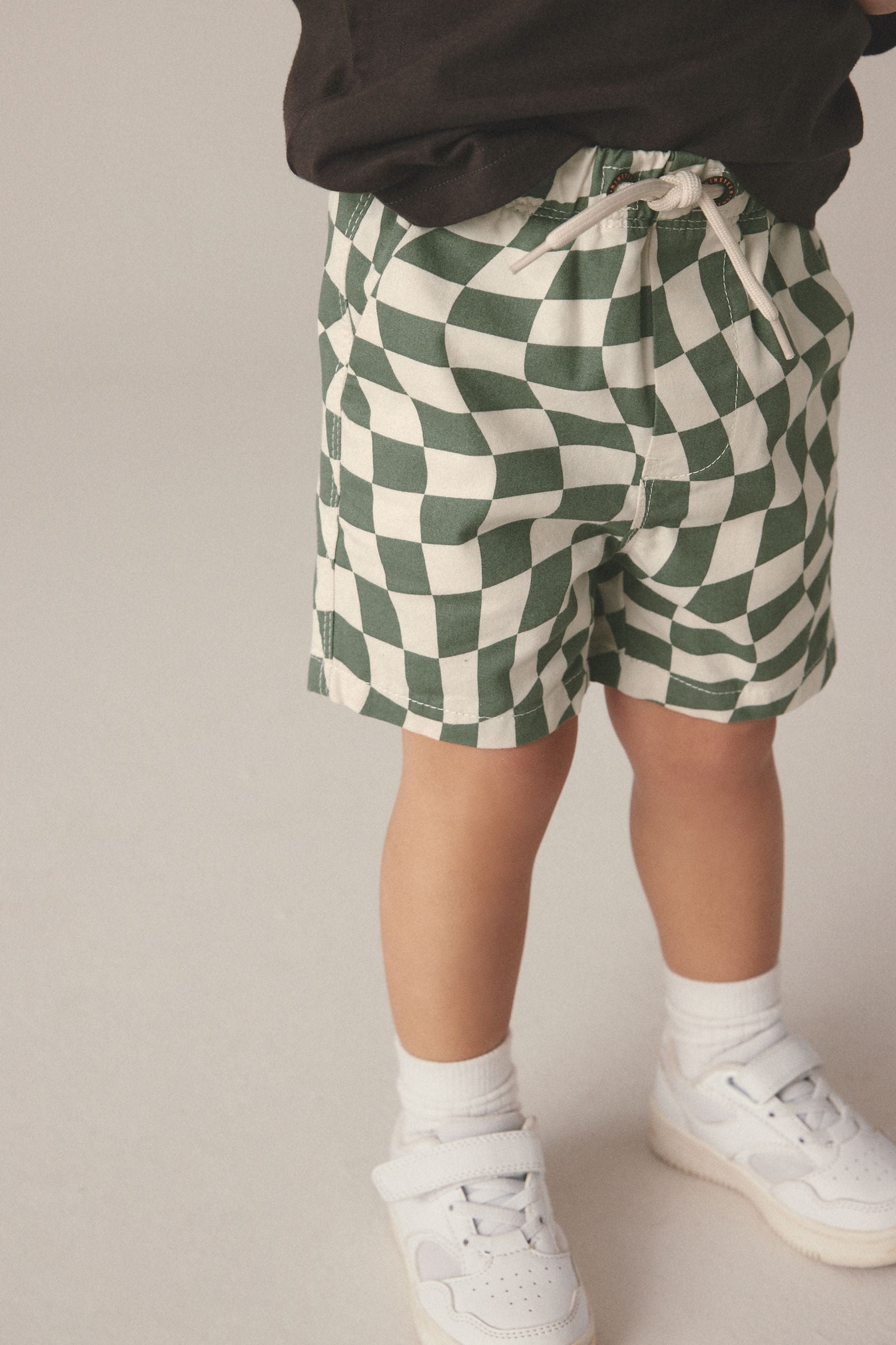 Green/Ecru Checkerboard 100% Cotton Pull-On Shorts (3mths-7yrs)