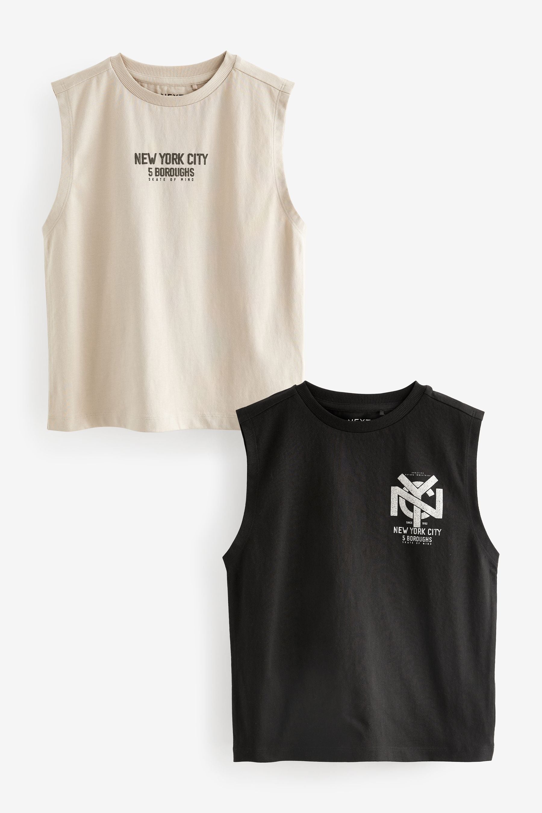 Black/Ecru 100% Cotton Graphic Tank Vest Tops 2 Pack (3-16yrs)