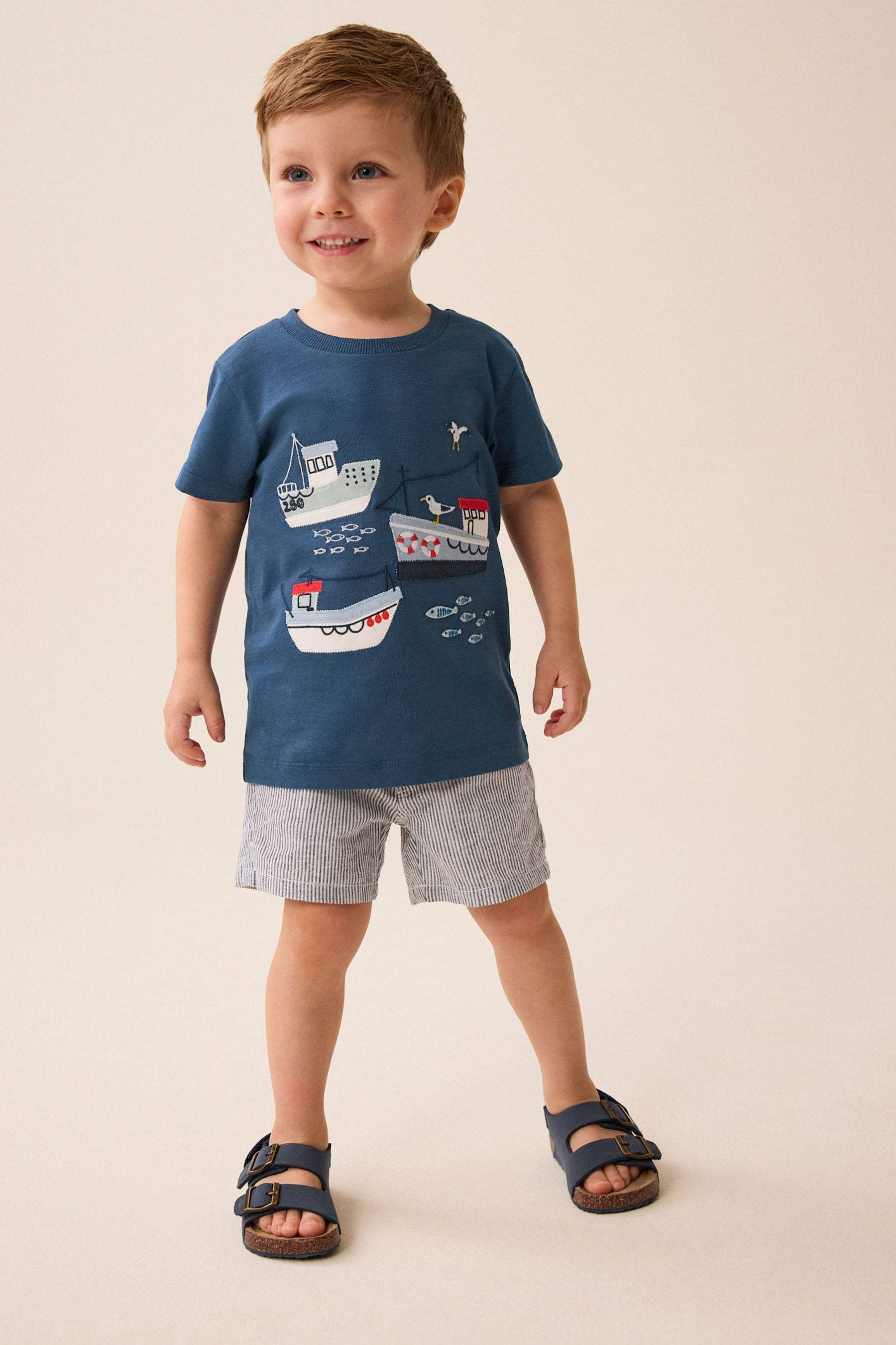 Navy Blue Appliqu?© Transport 100% Cotton Short Sleeve T-Shirt (3mths-7yrs)