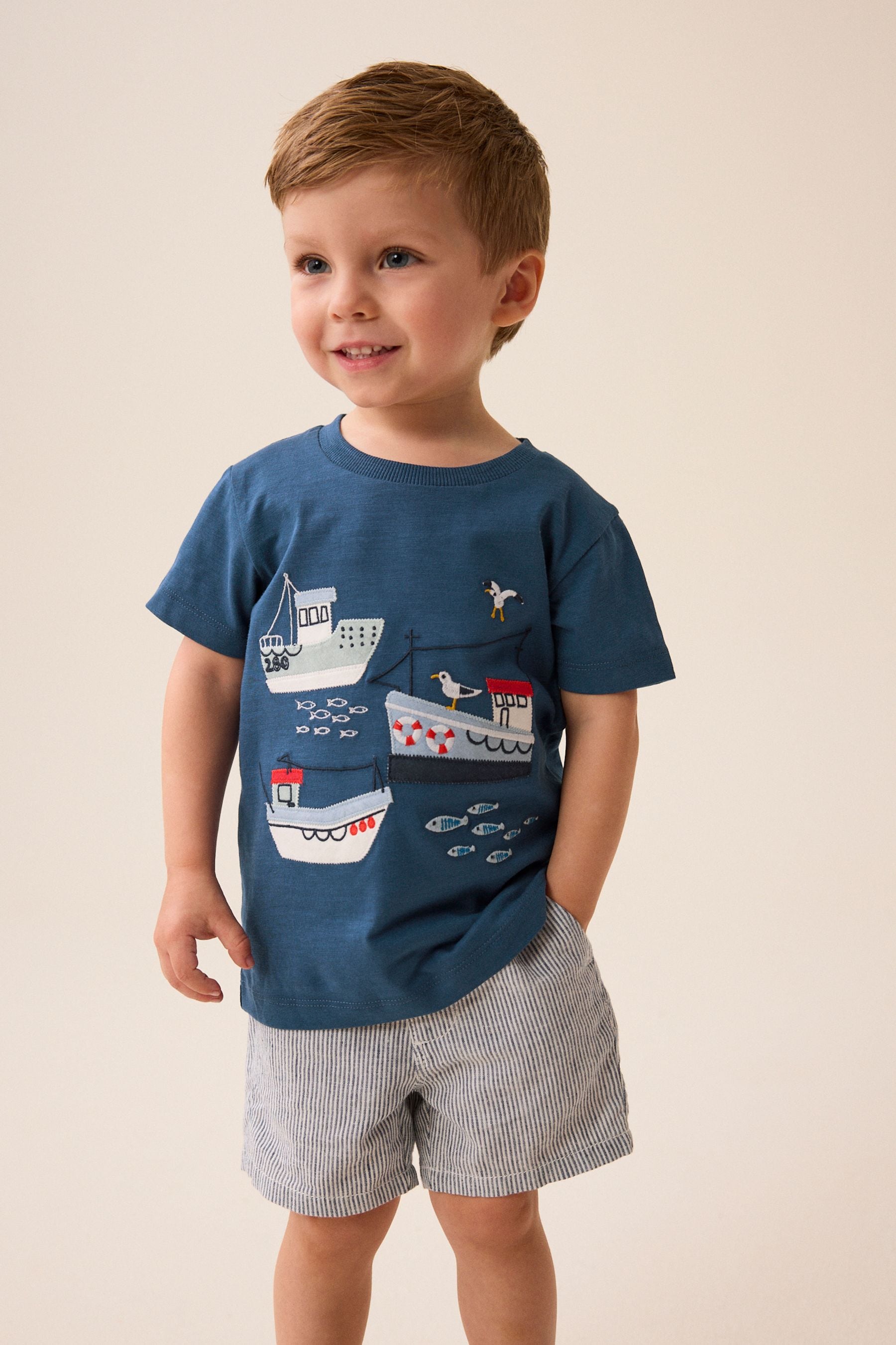 Navy Blue Appliqu?© Transport 100% Cotton Short Sleeve T-Shirt (3mths-7yrs)