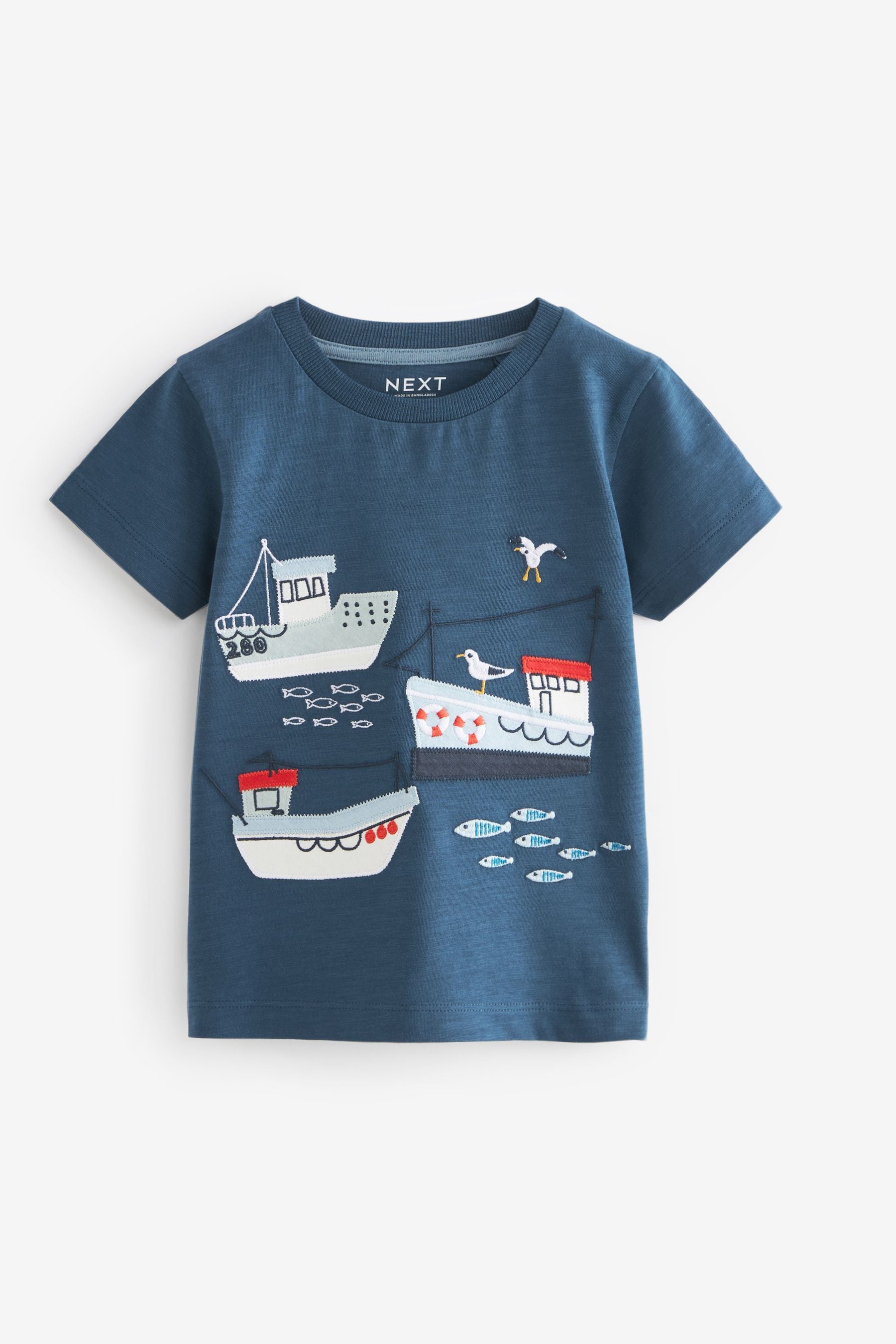 Navy Blue Appliqu?© Transport 100% Cotton Short Sleeve T-Shirt (3mths-7yrs)