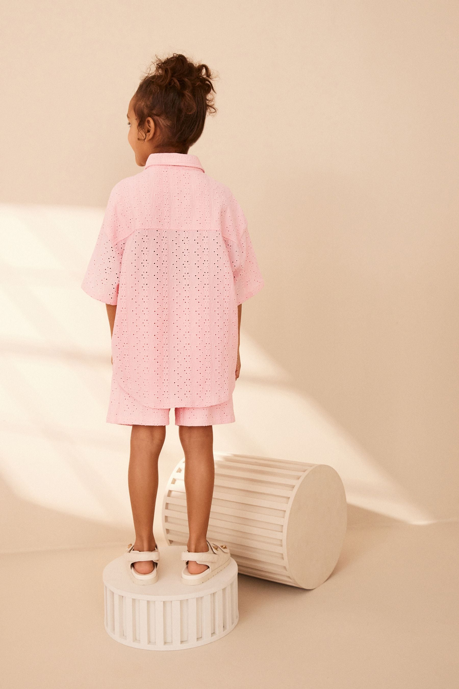 Pink Oversized Textured Shirt And Shorts Set (3-16yrs) (3-16yrs)