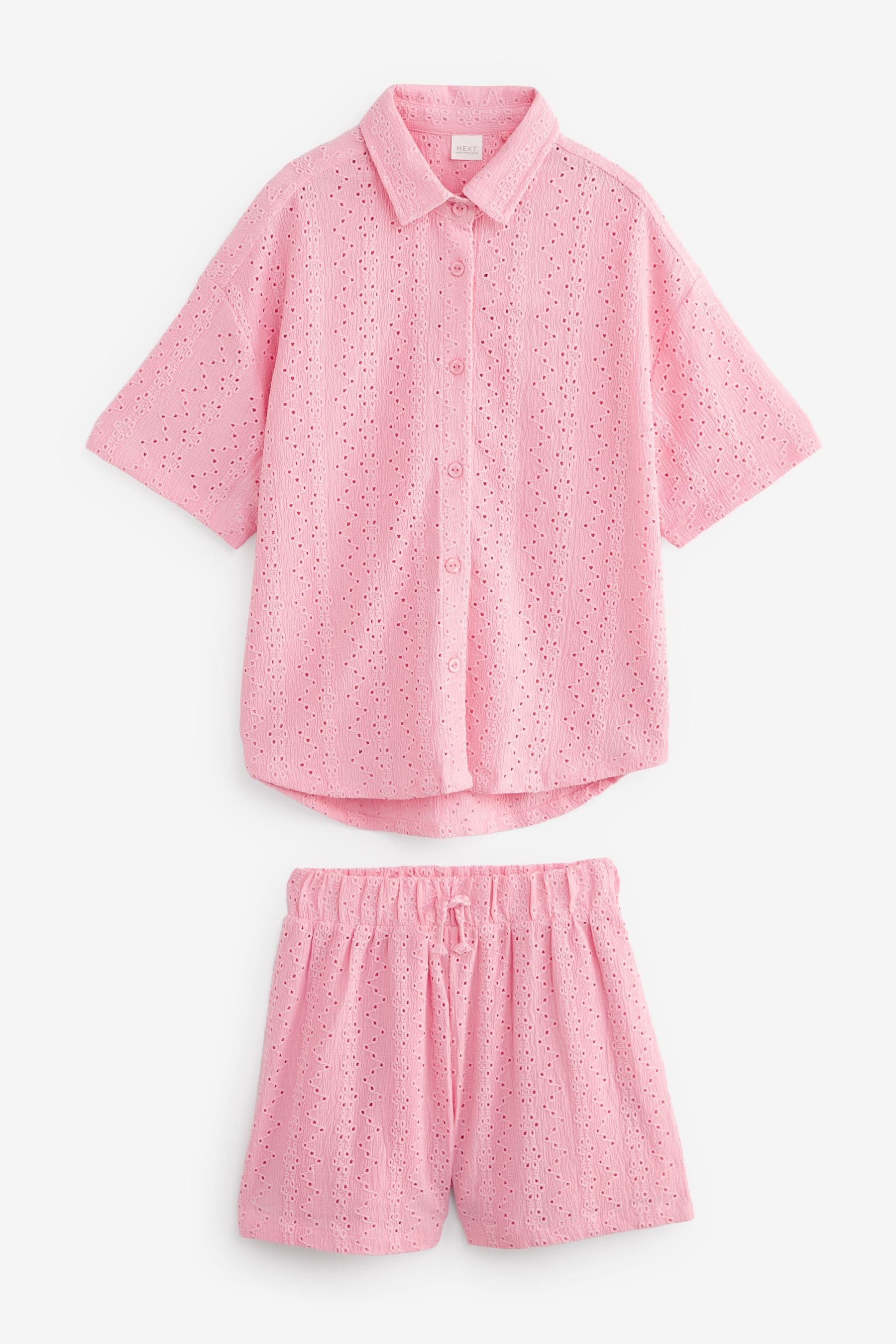 Pink Oversized Textured Shirt And Shorts Set (3-16yrs) (3-16yrs)