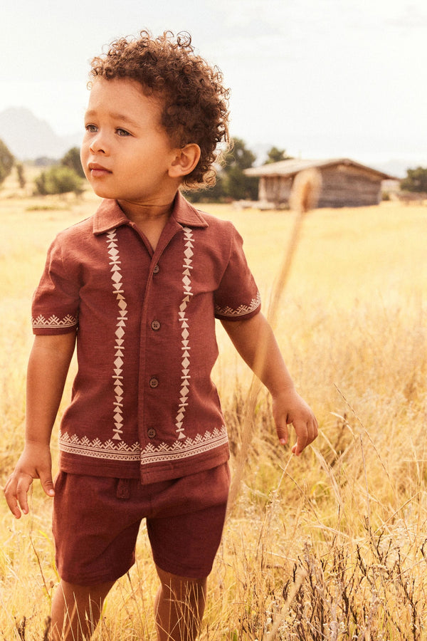 Rust Brown Short Sleeve Pattern Shirt and Shorts Set (3mths-7yrs)