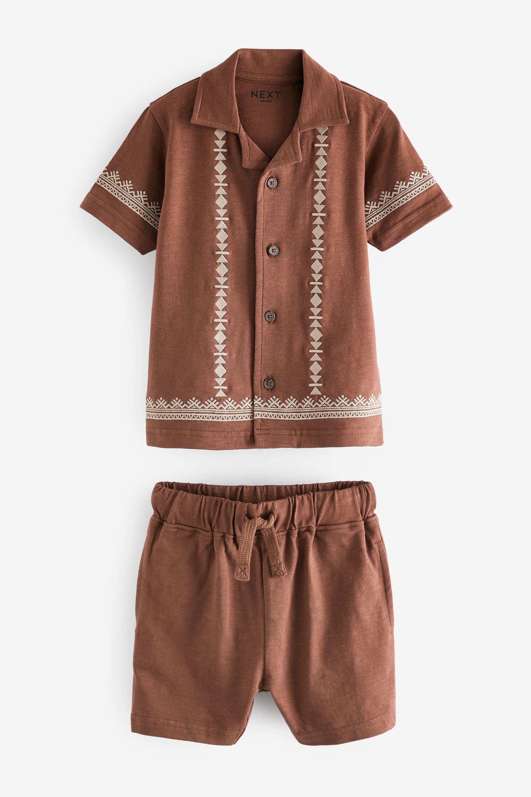 Rust Brown Short Sleeve Pattern Shirt and Shorts Set (3mths-7yrs)