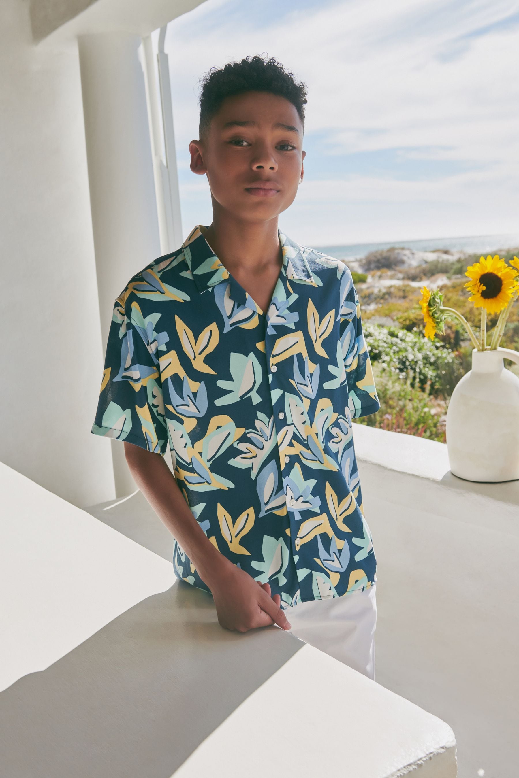 Blue Abstract Palm Short Sleeve Printed Shirt (3-16yrs)