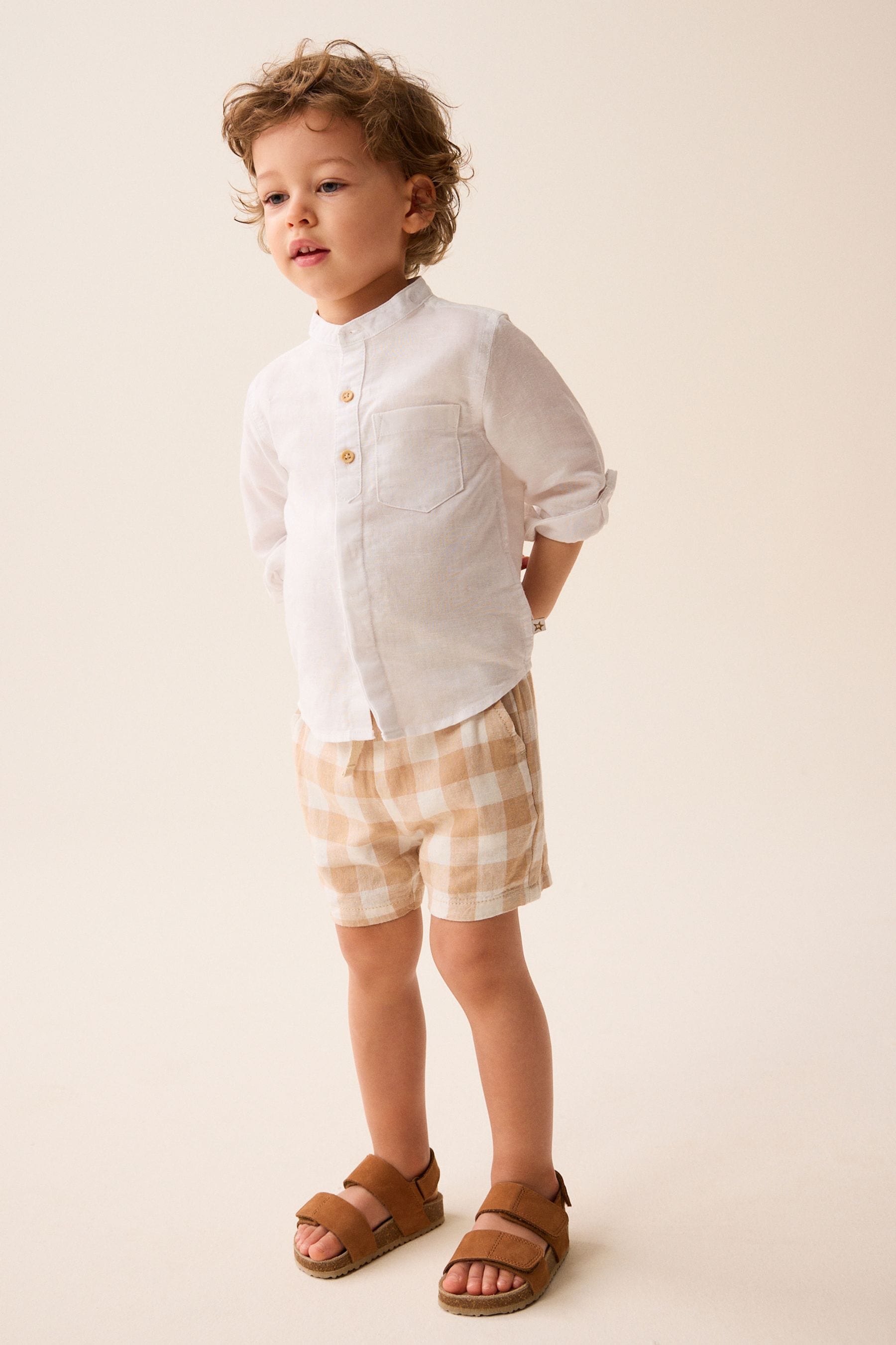 Neutral Check Linen Blend Pull-On Shorts (3mths-7yrs)