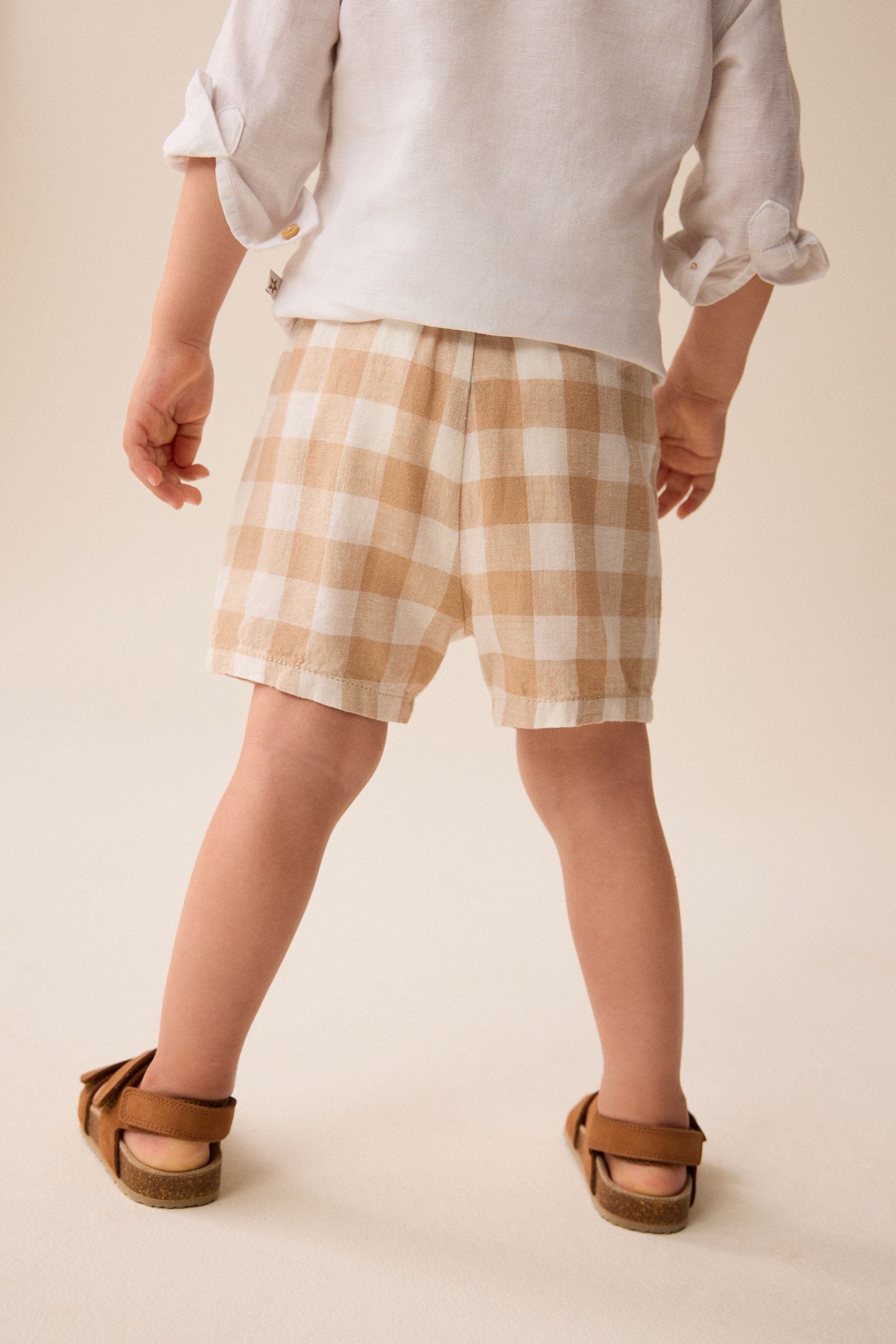 Neutral Check Linen Blend Pull-On Shorts (3mths-7yrs)