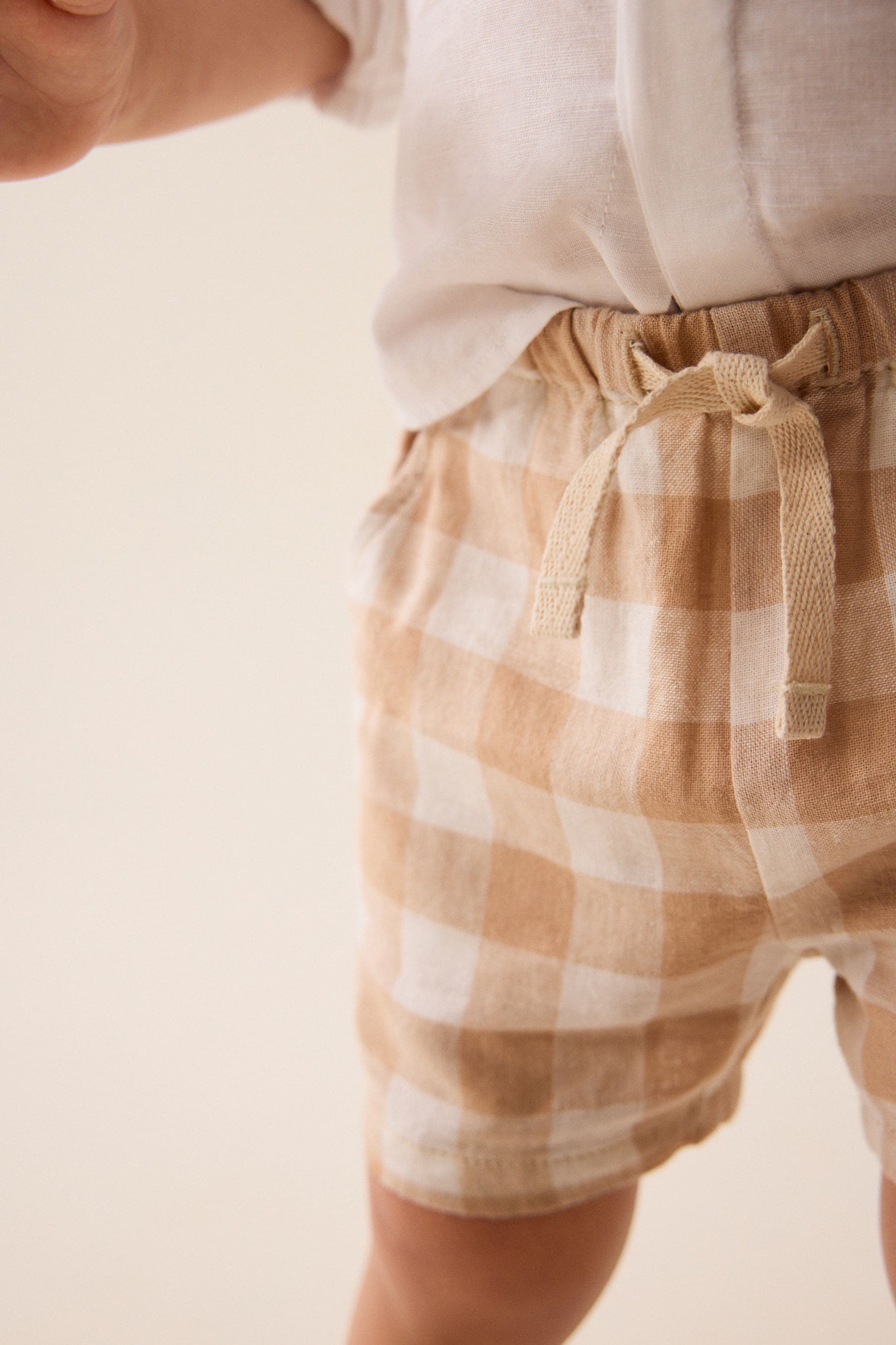 Neutral Check Linen Blend Pull-On Shorts (3mths-7yrs)