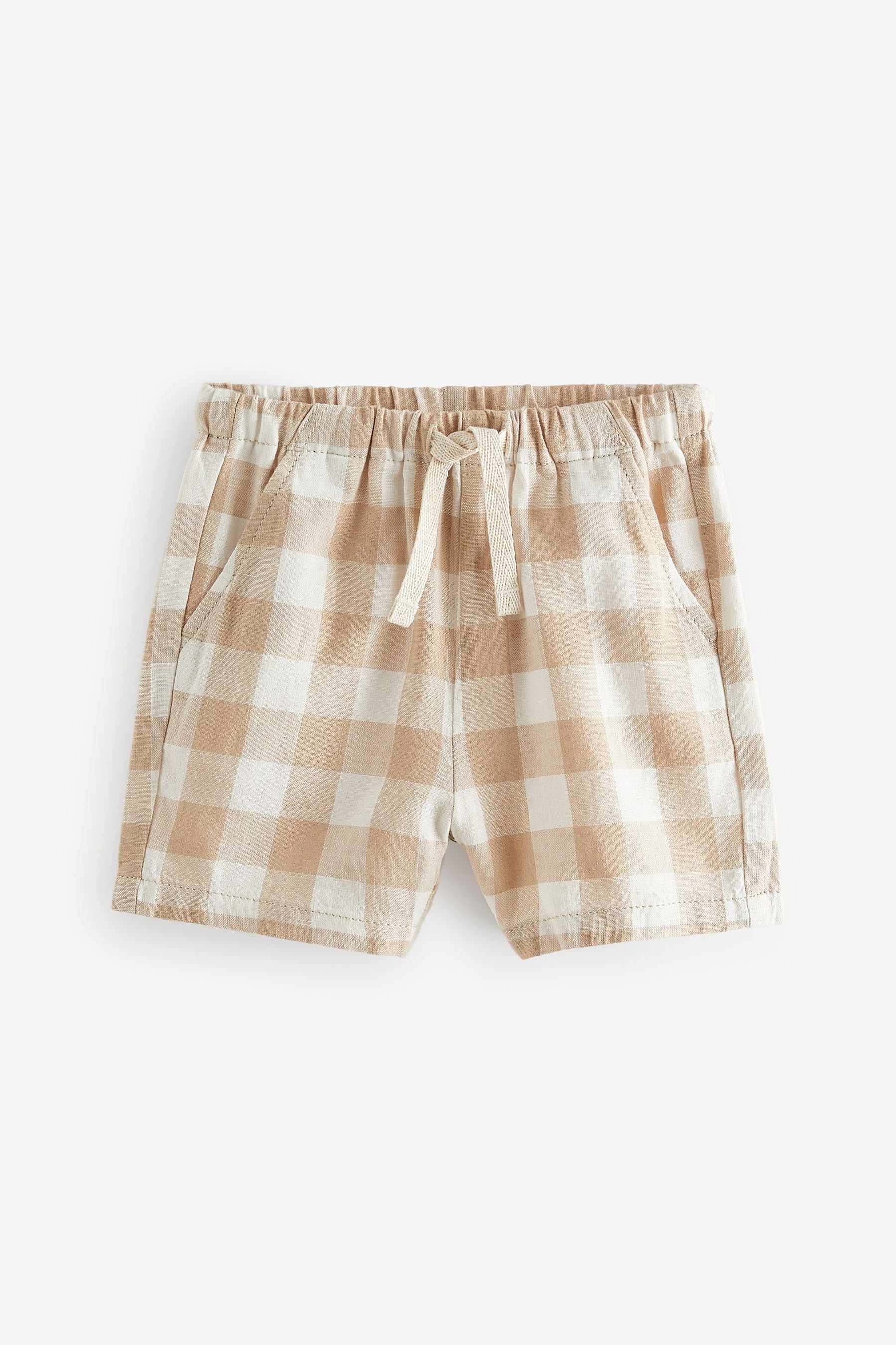 Neutral Check Linen Blend Pull-On Shorts (3mths-7yrs)