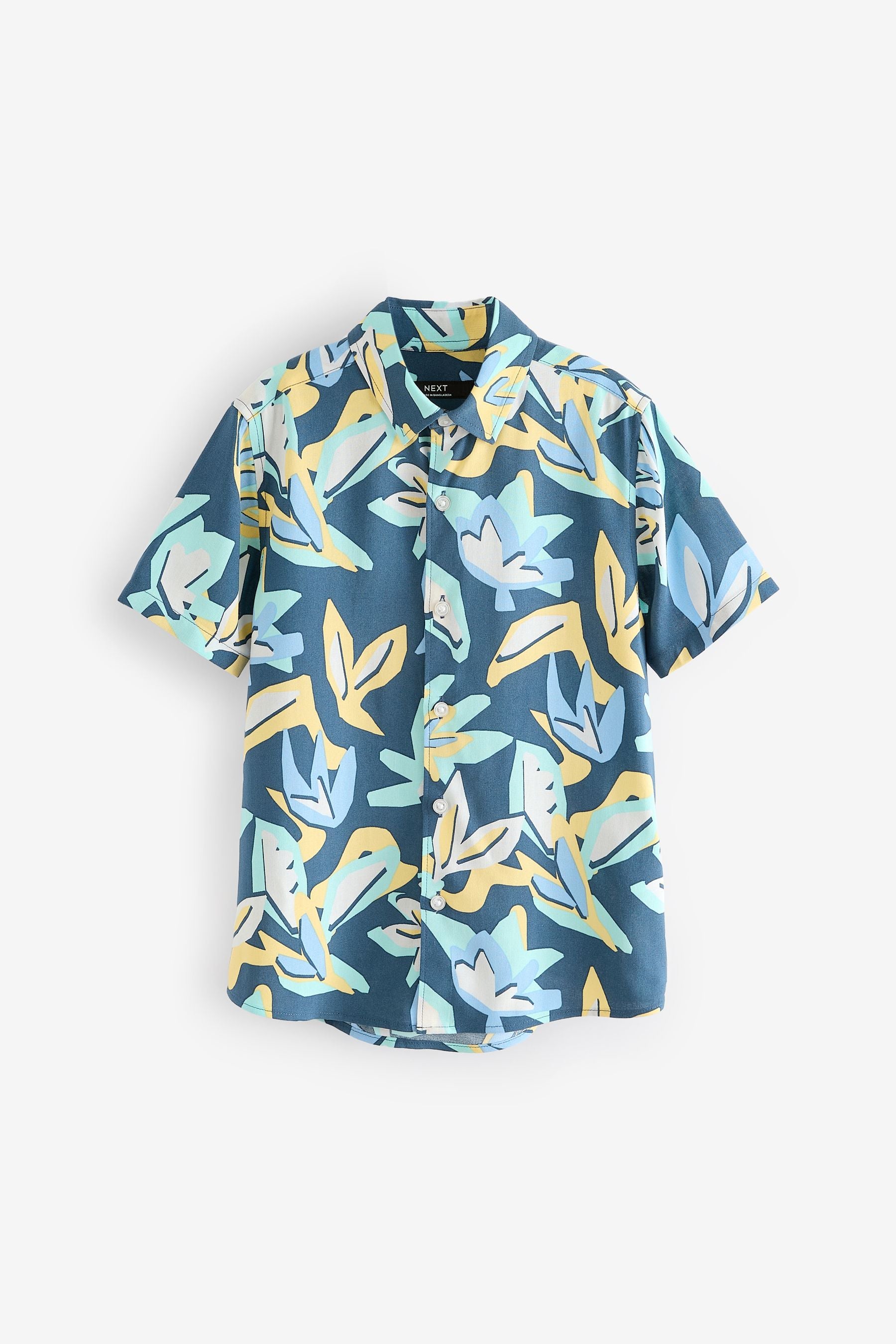 Blue Abstract Palm Short Sleeve Printed Shirt (3-12yrs)