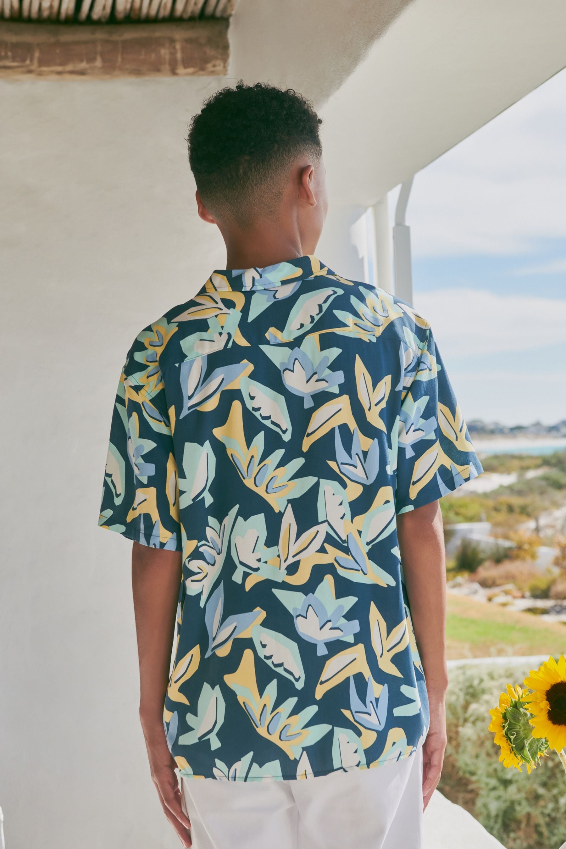 Blue Abstract Palm Short Sleeve Printed Shirt (3-16yrs)