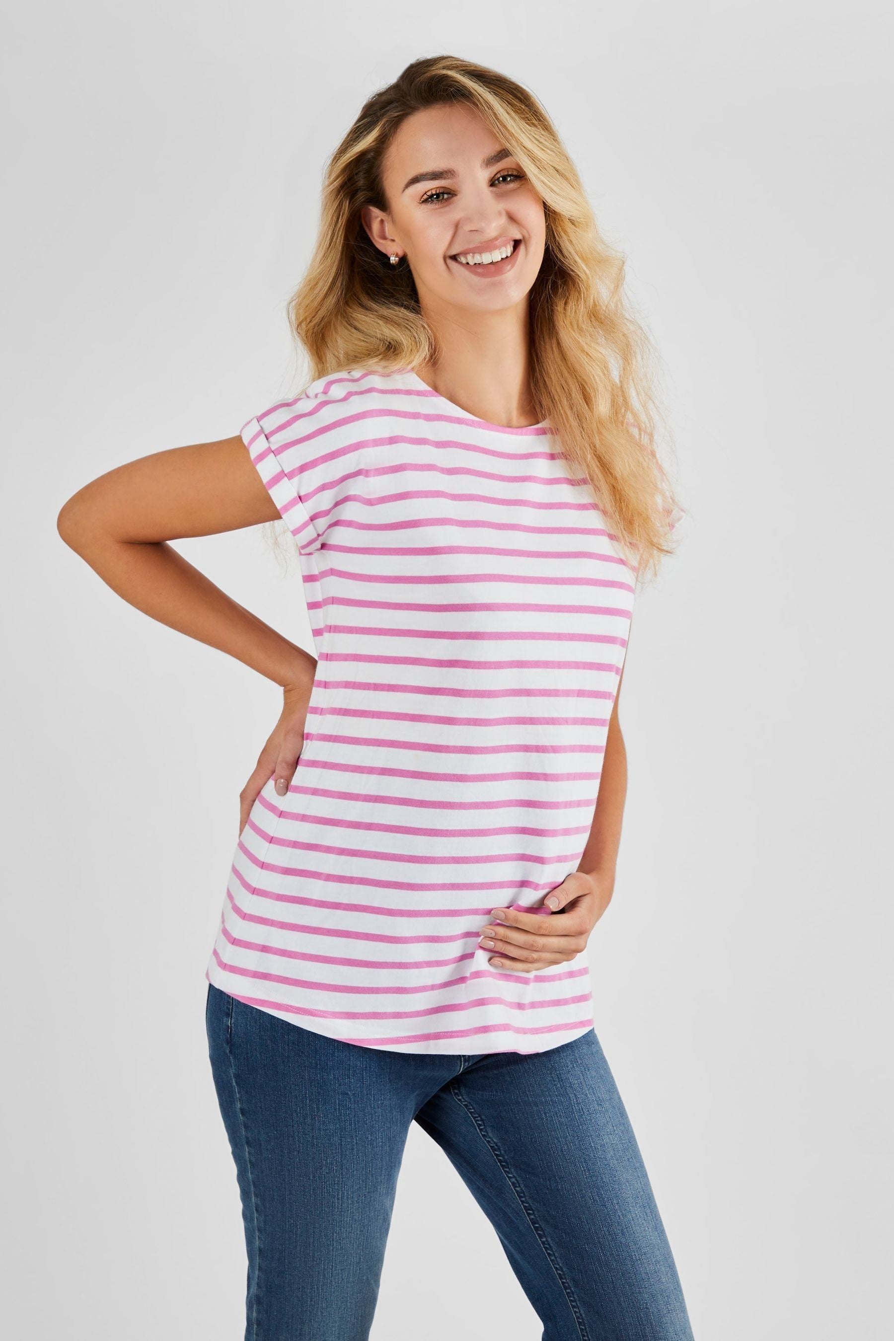 White Pink Stripe JoJo Maman Bébé Boyfriend Cotton Maternity T-Shirt