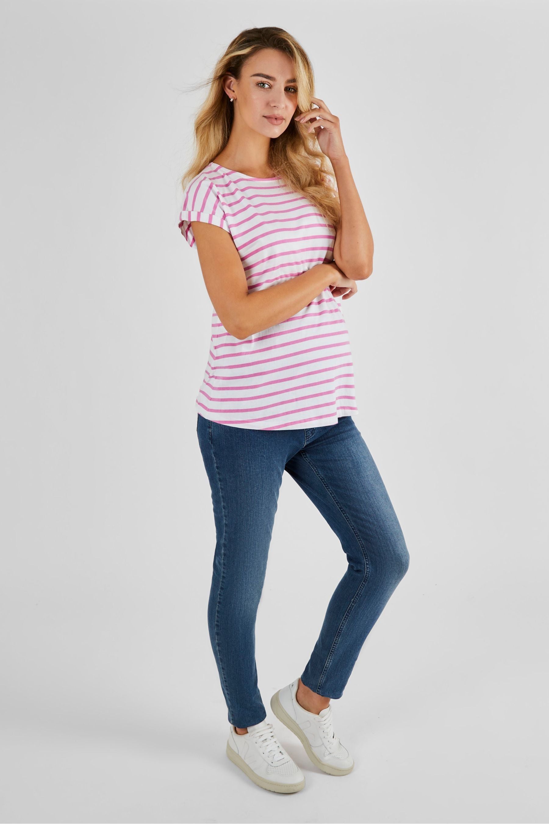 White Pink Stripe JoJo Maman Bébé Boyfriend Cotton Maternity T-Shirt