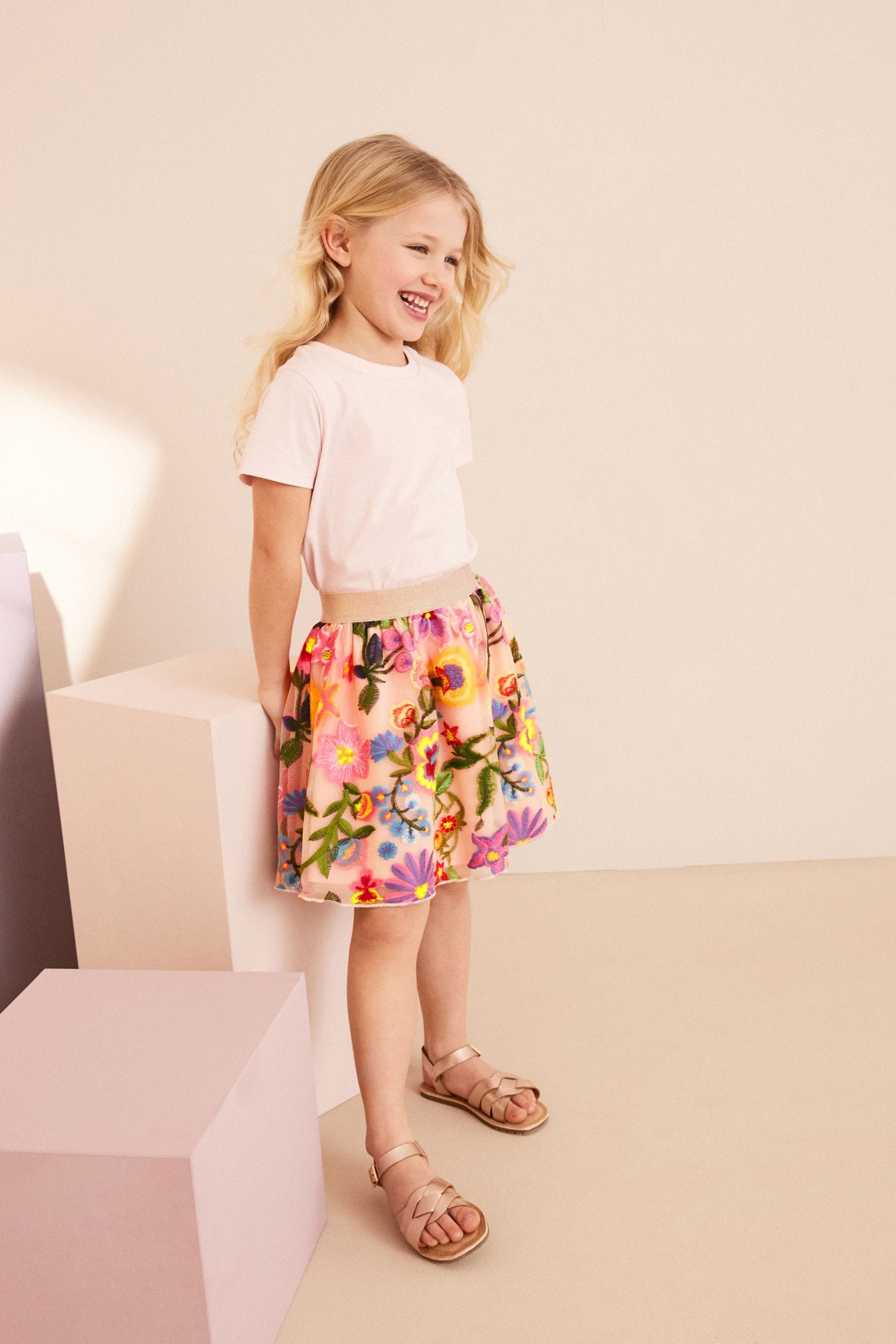 Pink Embroidered Floral Pull-On Skirt (3-16yrs)