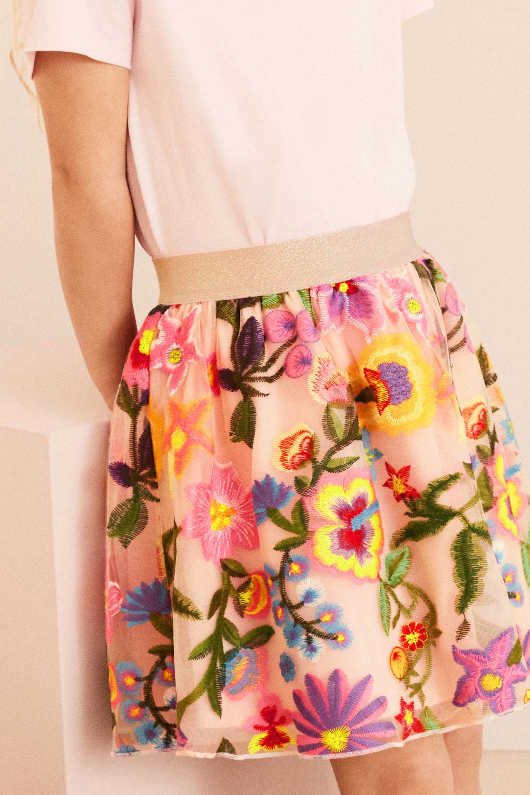 Pink Embroidered Floral Pull-On Skirt (3-16yrs)