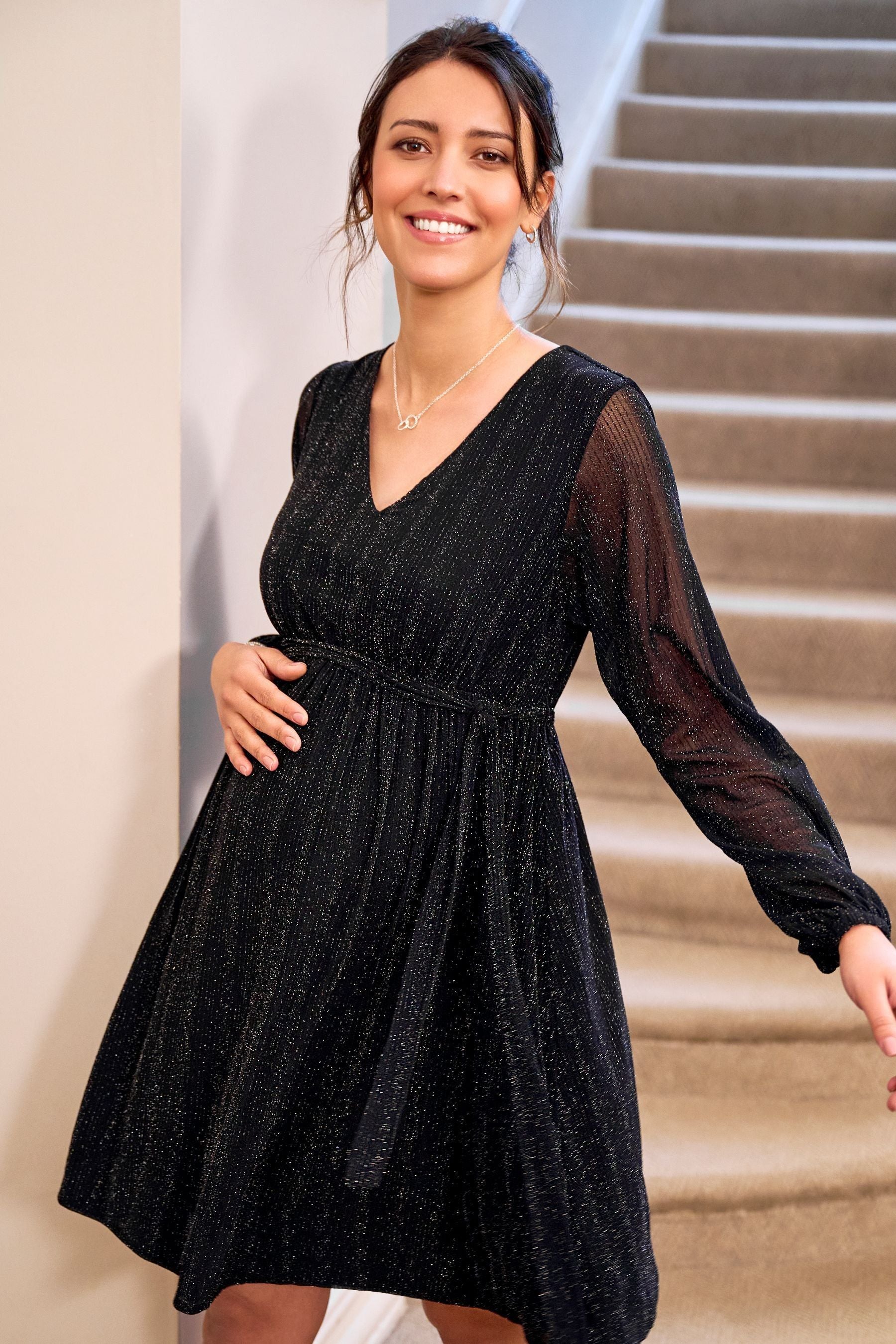 JoJo Maman Bébé Black Sparkle V-Neck Maternity Mini Dress