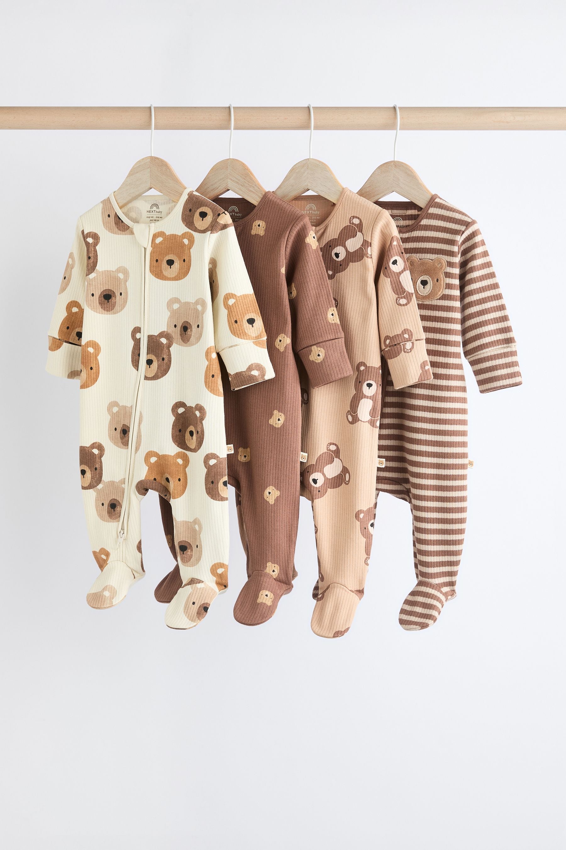 Tan Brown Bear Baby Zipped 100% Cotton Sleepsuit 4 Pack (0mths-2yrs)