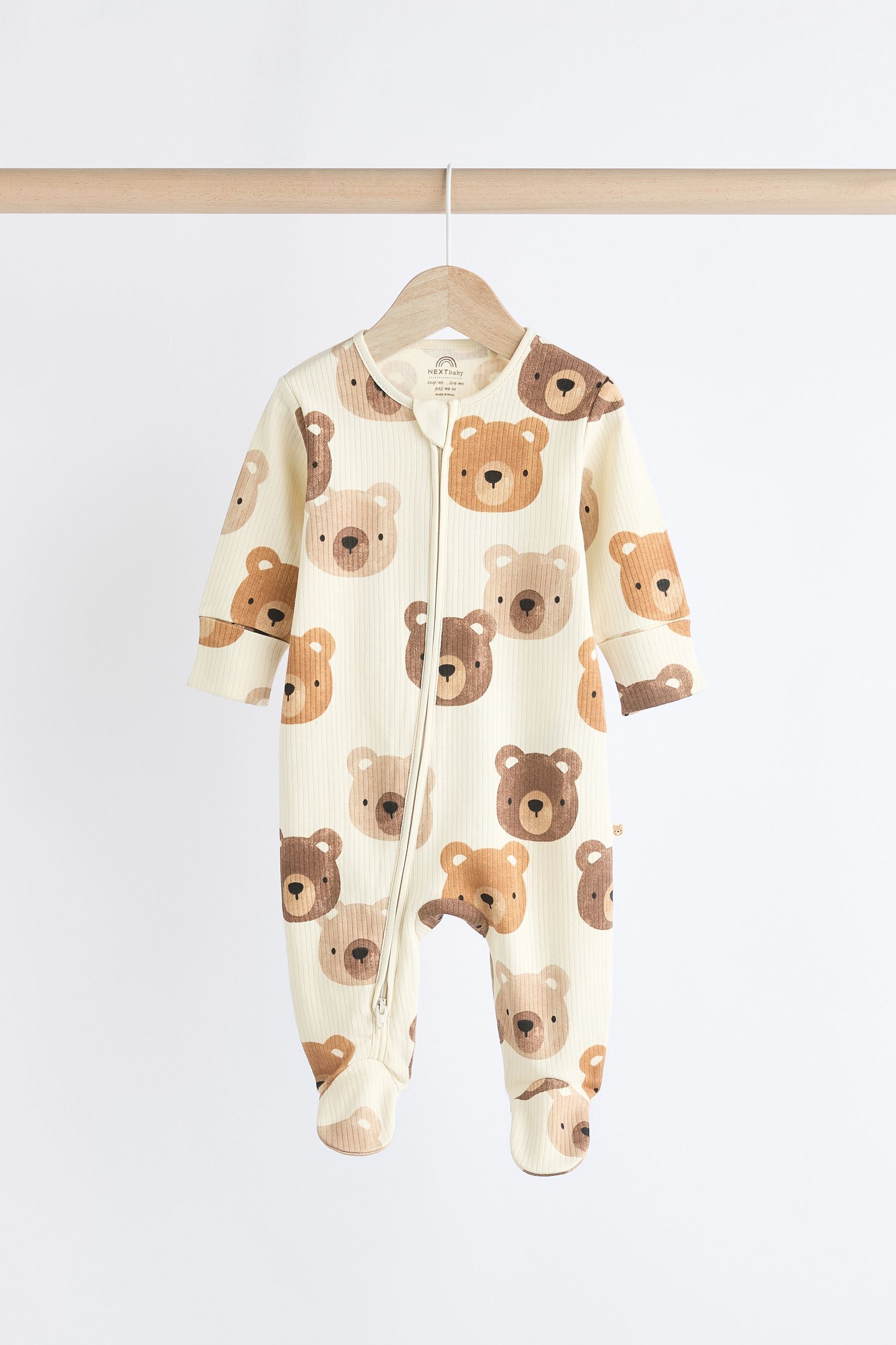 Tan Brown Bear Baby Zipped 100% Cotton Sleepsuit 4 Pack (0mths-2yrs)