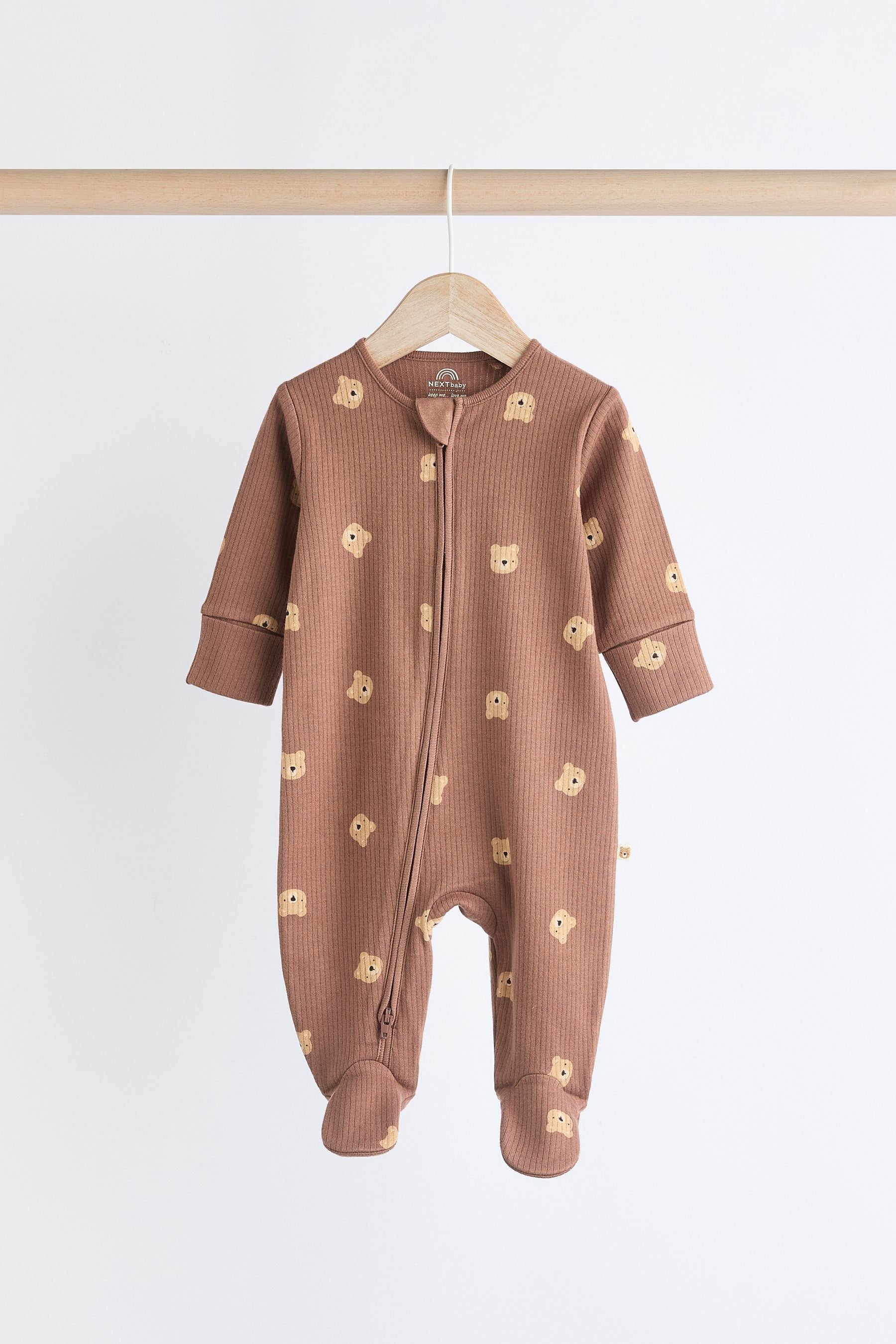 Tan Brown Bear Baby Zipped 100% Cotton Sleepsuit 4 Pack (0mths-2yrs)