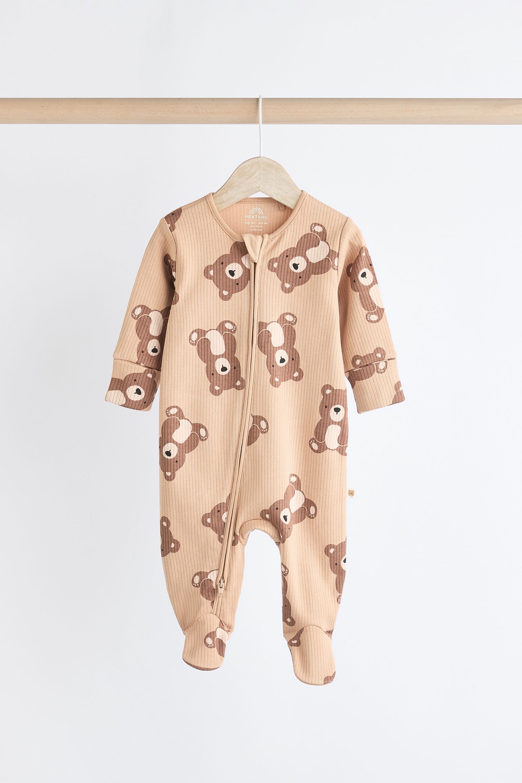 Tan Brown Bear Baby Zipped 100% Cotton Sleepsuit 4 Pack (0mths-2yrs)