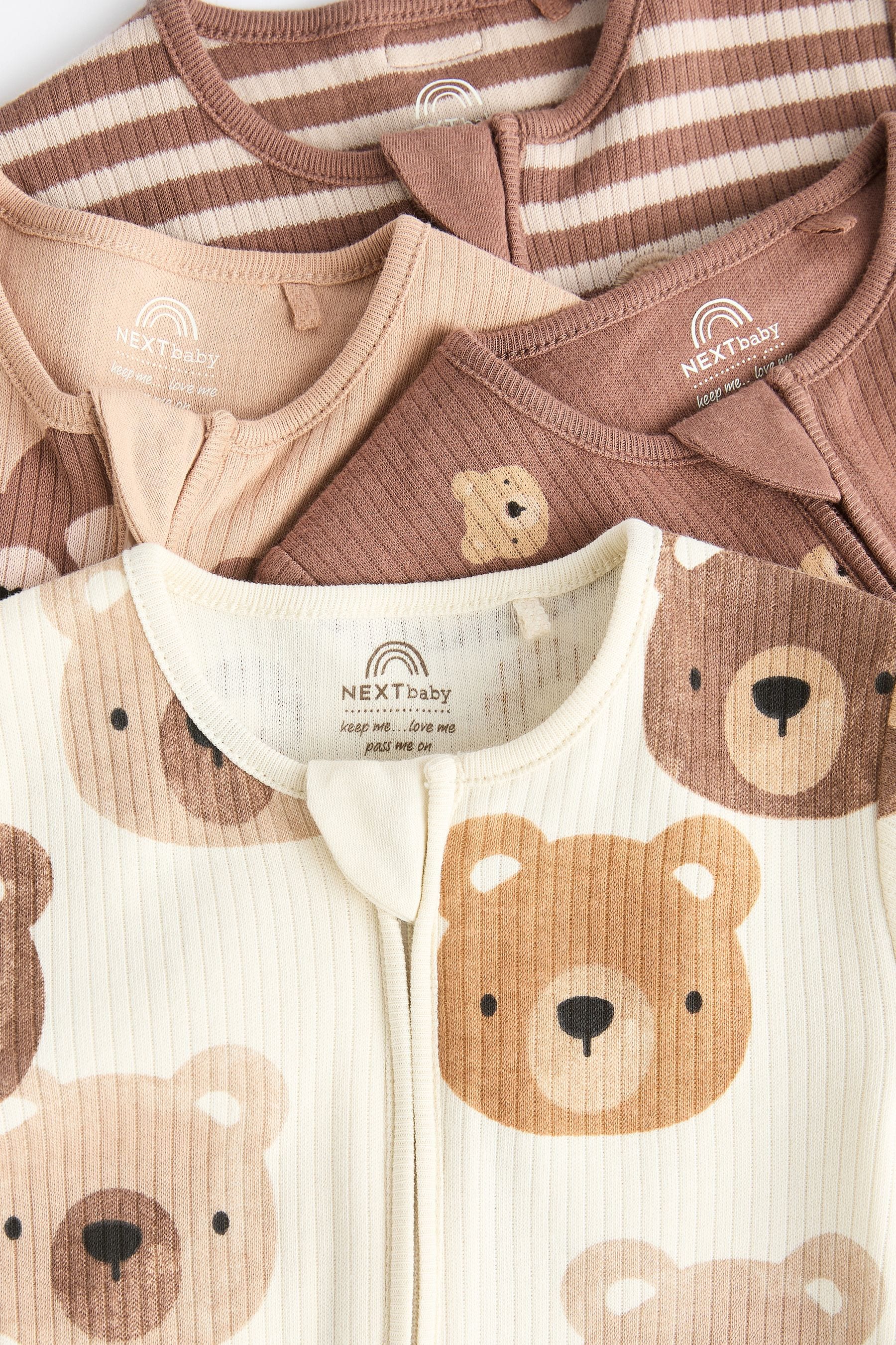 Tan Brown Bear Baby Zipped Sleepsuits 4 Pack (0mths-2yrs)