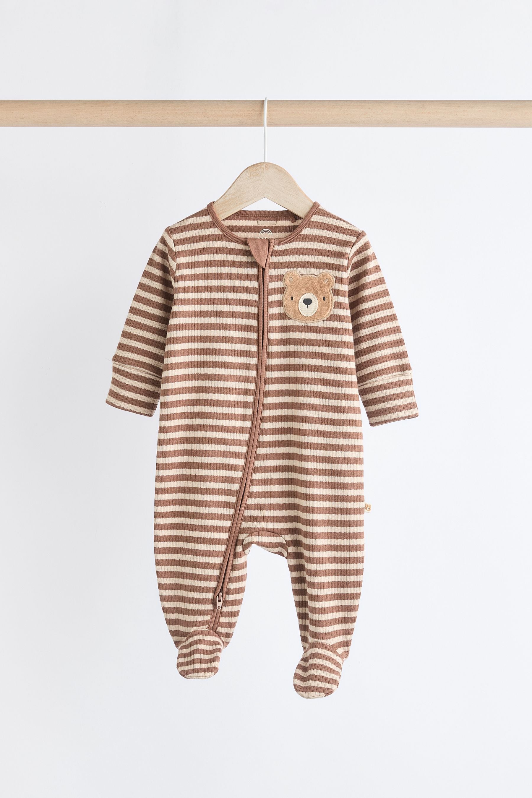 Tan Brown Bear Baby Zipped 100% Cotton Sleepsuit 4 Pack (0mths-2yrs)