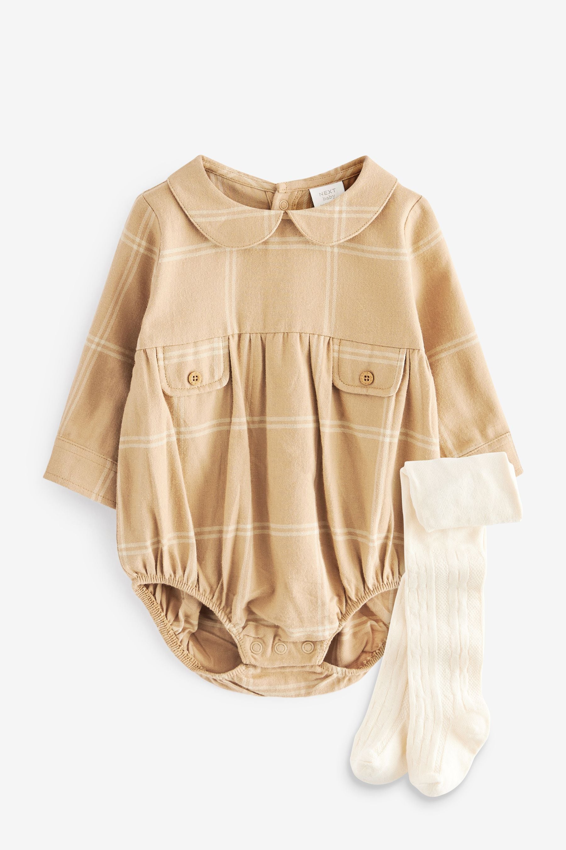 Beige Baby Collared Romper and Tights set (0mths-2yrs)