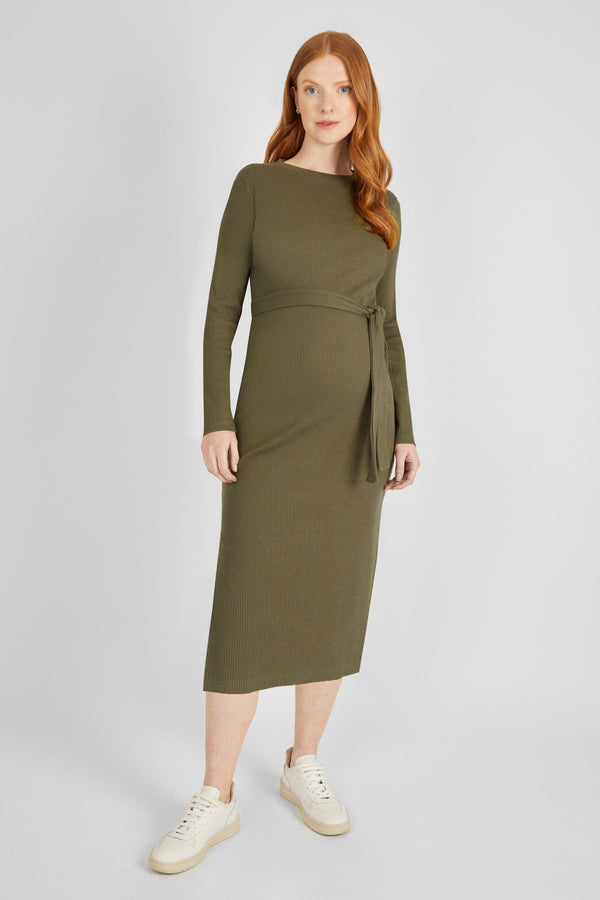 JoJo Maman B?©b?© Khaki Green Ribbed Jersey Maternity Dress