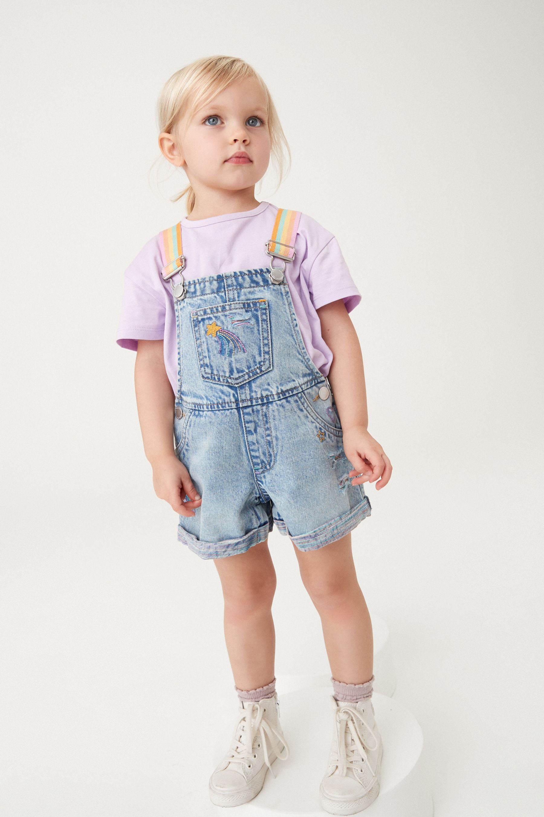 Mid Blue Denim Rainbow Dungarees & T-Shirt Set (3mths-7yrs)