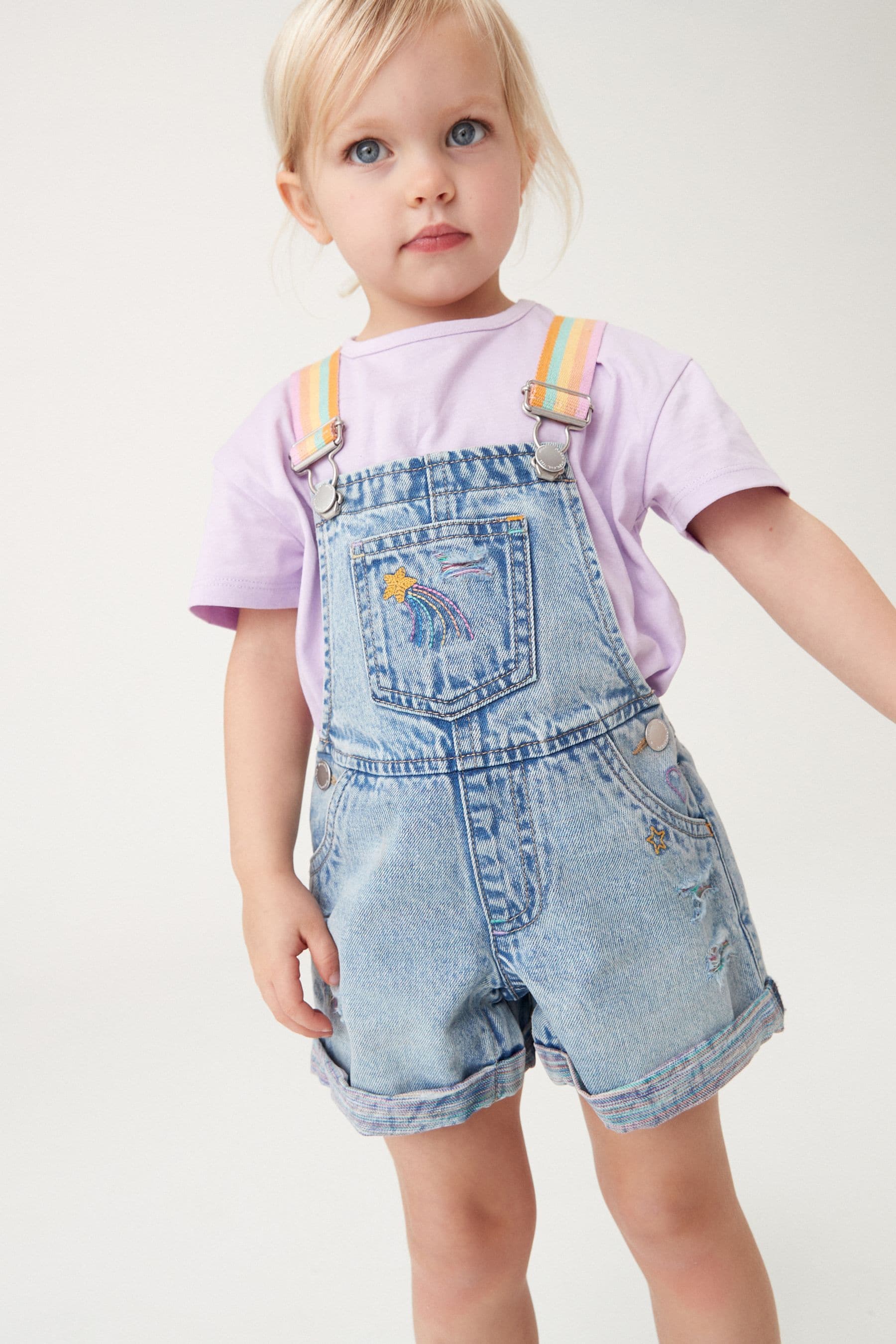 Mid Blue Denim Rainbow Dungarees & T-Shirt Set (3mths-7yrs)