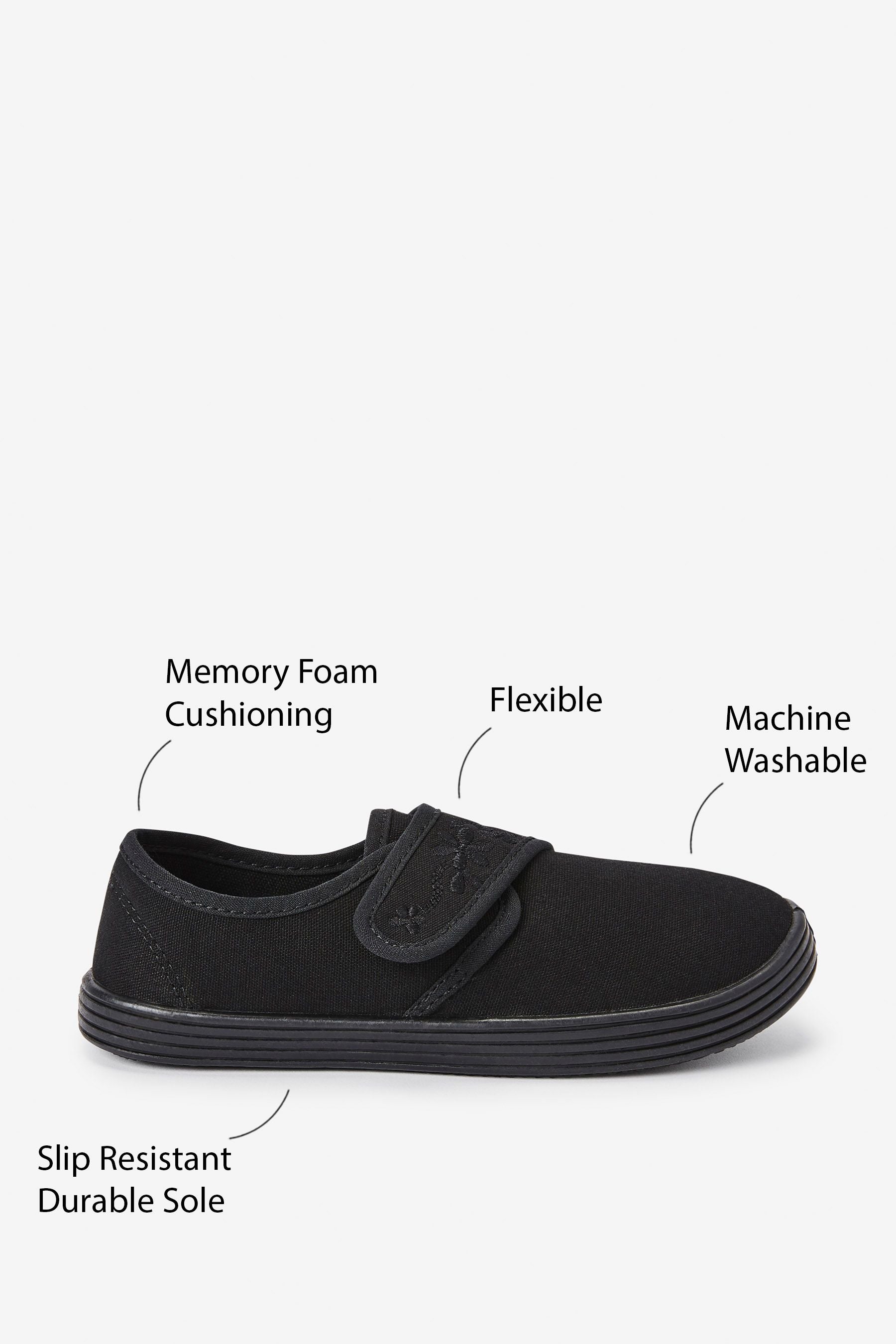 Black Standard Fit (F) Embroidered Strap School Plimsolls