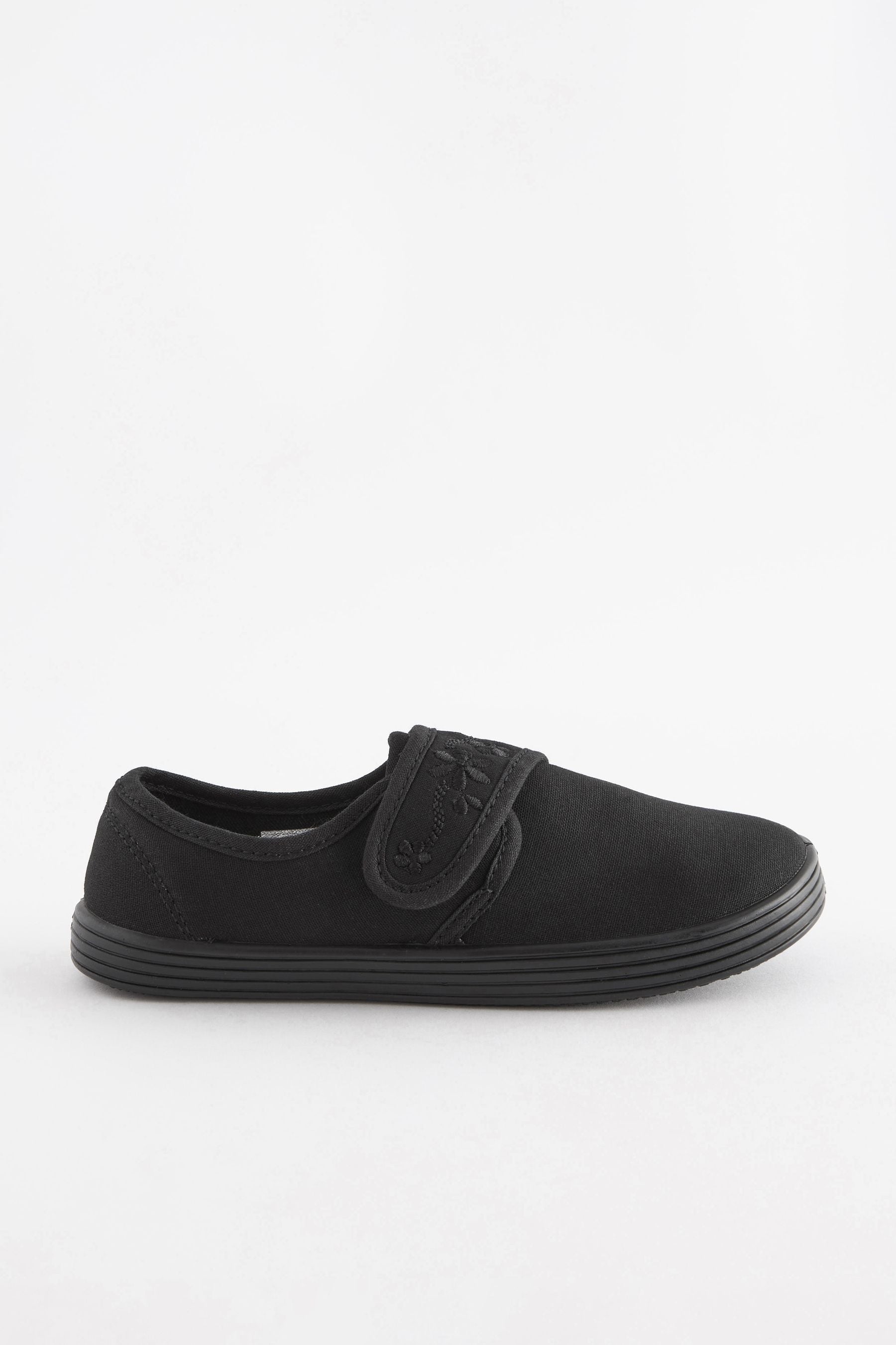 Black Standard Fit (F) Embroidered Strap School Plimsolls