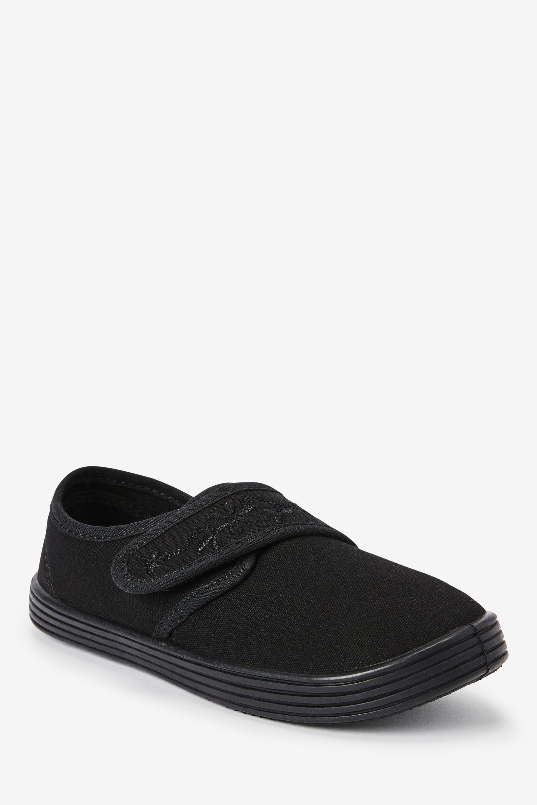 Black Standard Fit (F) Embroidered Strap School Plimsolls