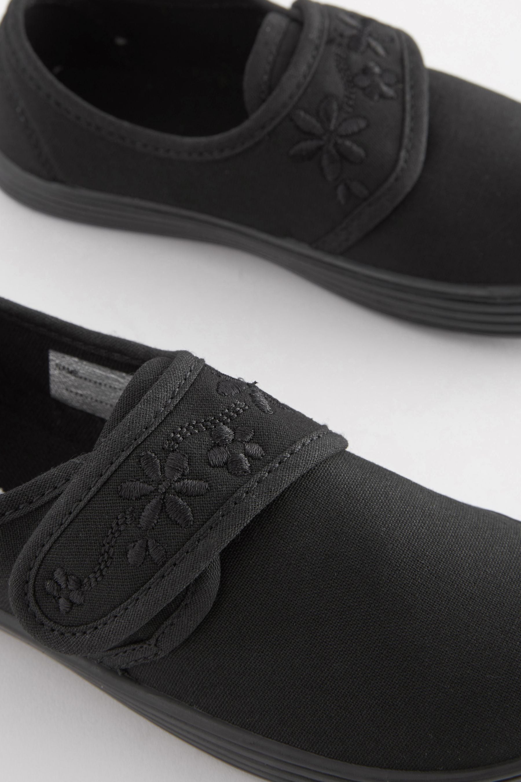 Black Standard Fit (F) Embroidered Strap School Plimsolls