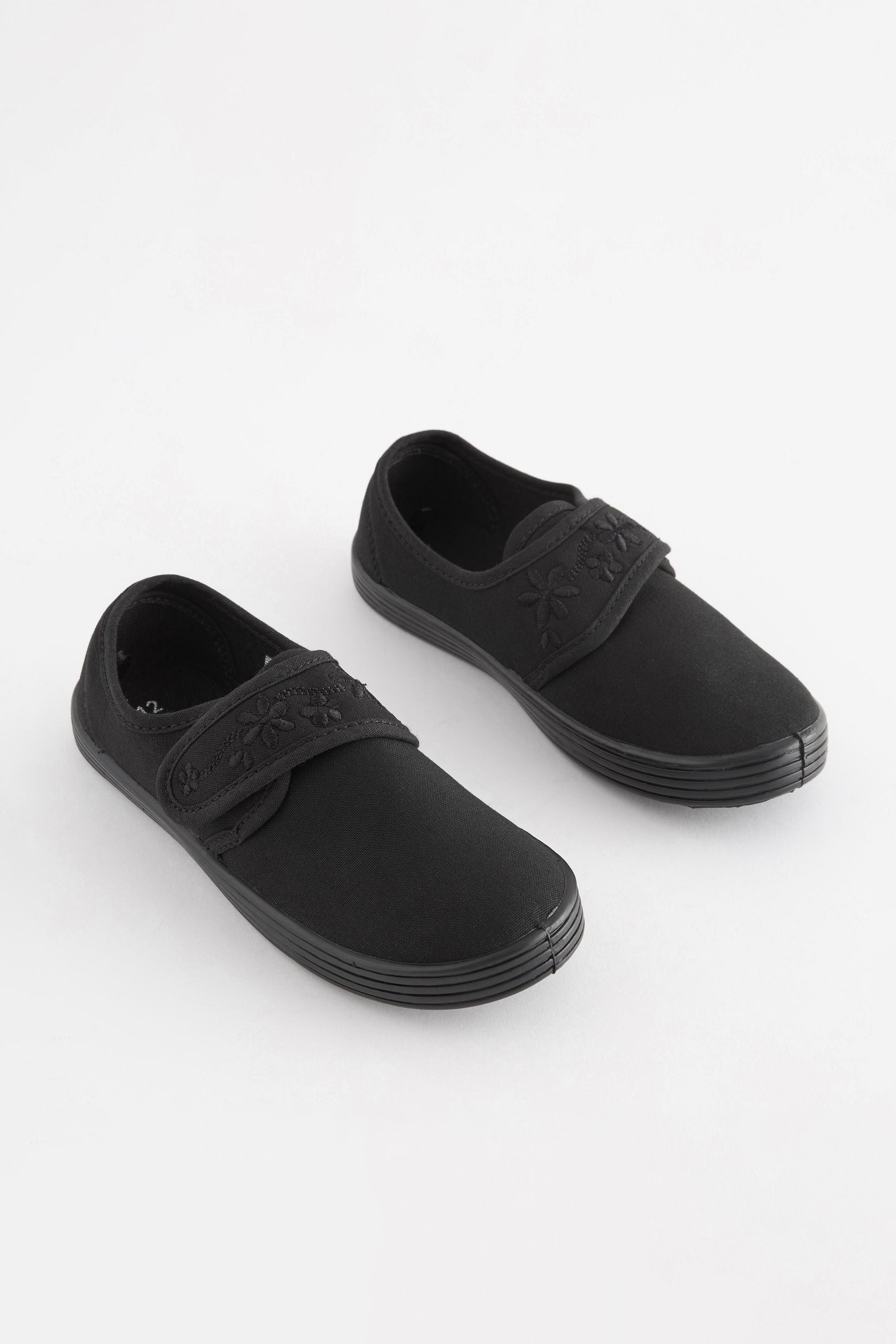 Black Standard Fit (F) Embroidered Strap School Plimsolls