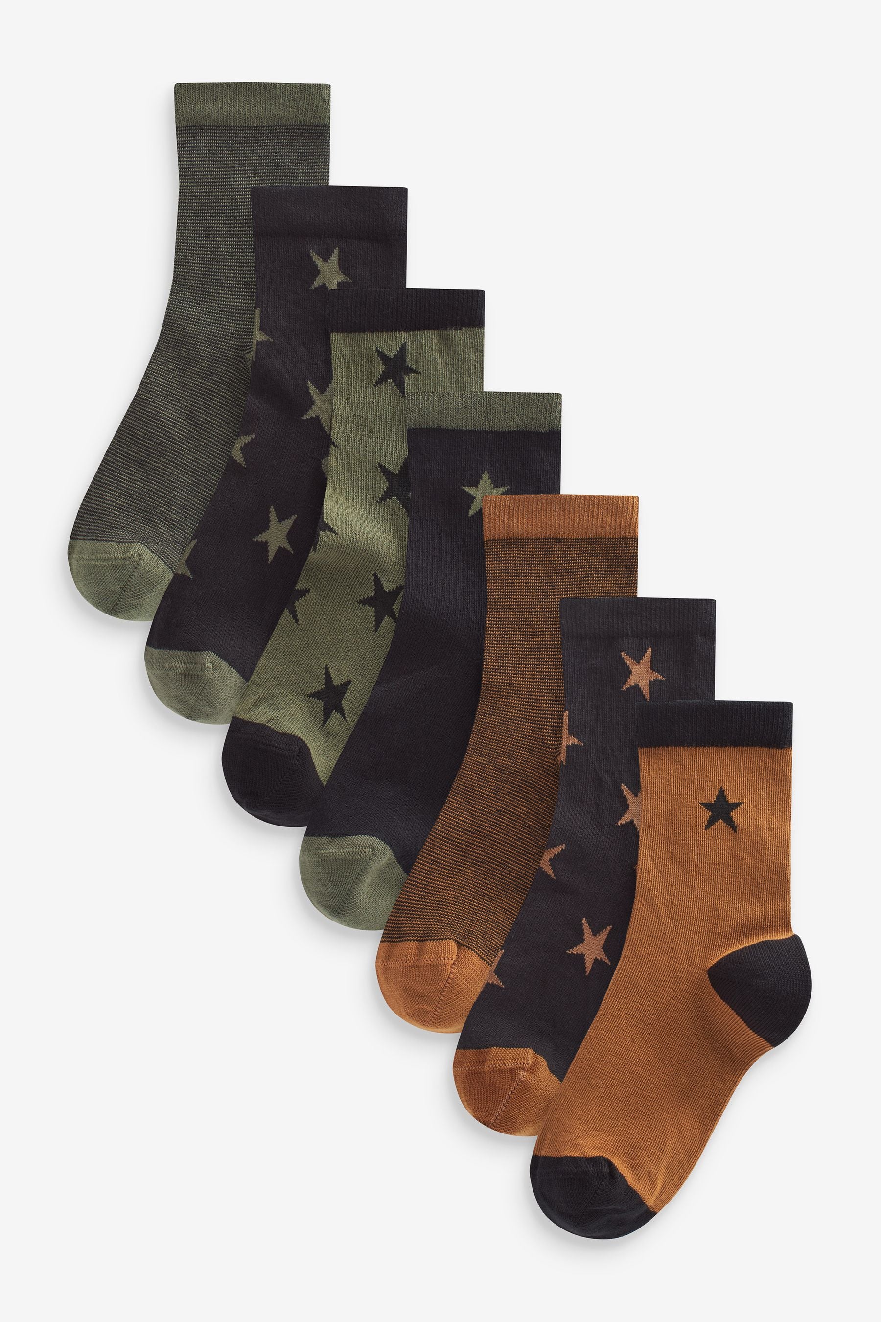 Khaki Green/Tan Brown Star Cotton Rich Socks 7 Pack