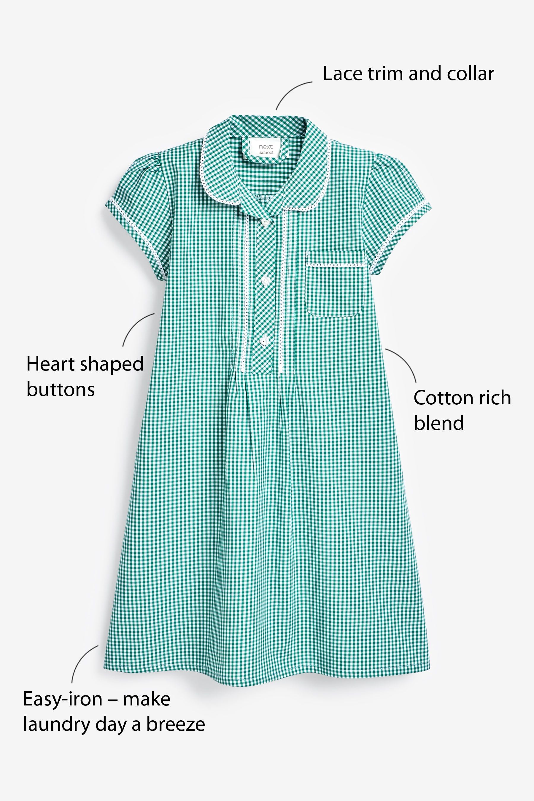 Green Cotton Rich Button Front Lace Gingham School Dress (3-14yrs)