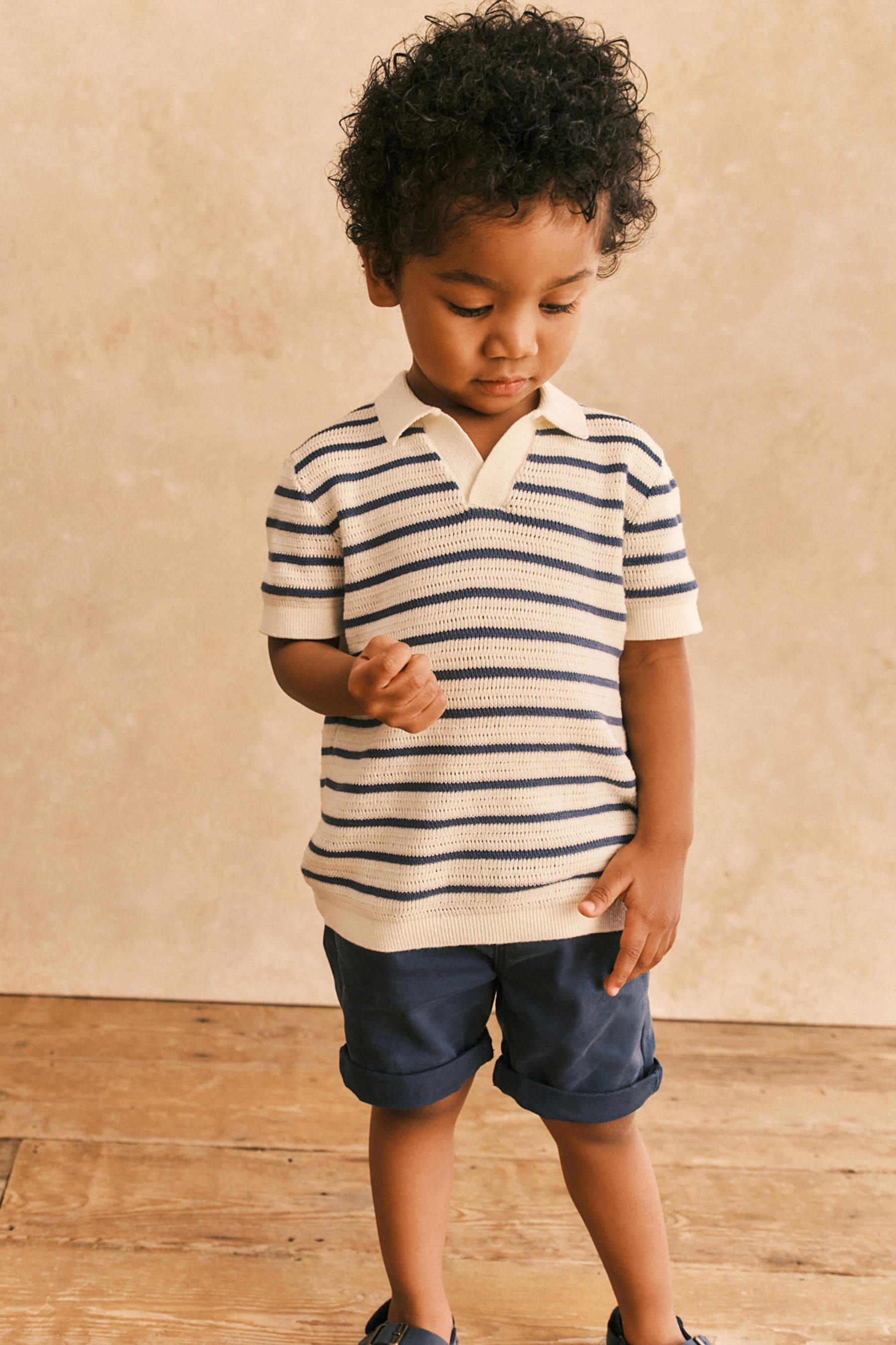 Ecru/Navy 100% Cotton Stripe Short Sleeved Polo Shirt (3mths-7yrs)