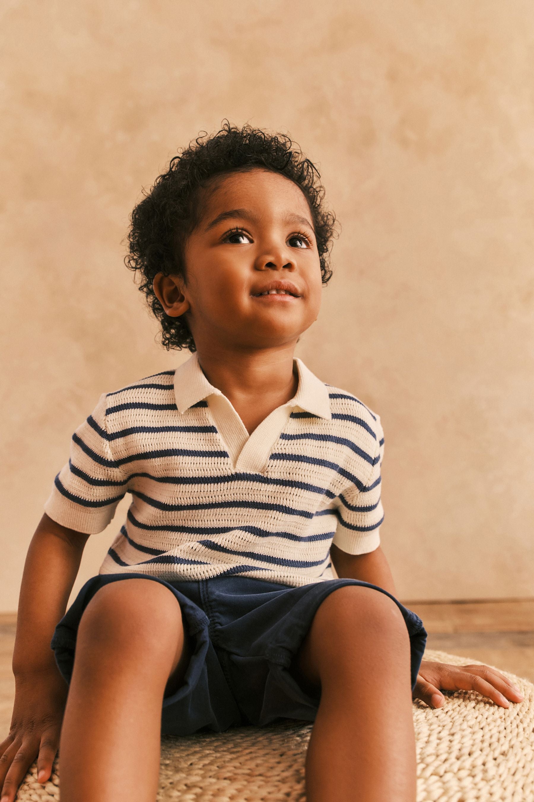 Ecru/Navy 100% Cotton Stripe Short Sleeved Polo Shirt (3mths-7yrs)