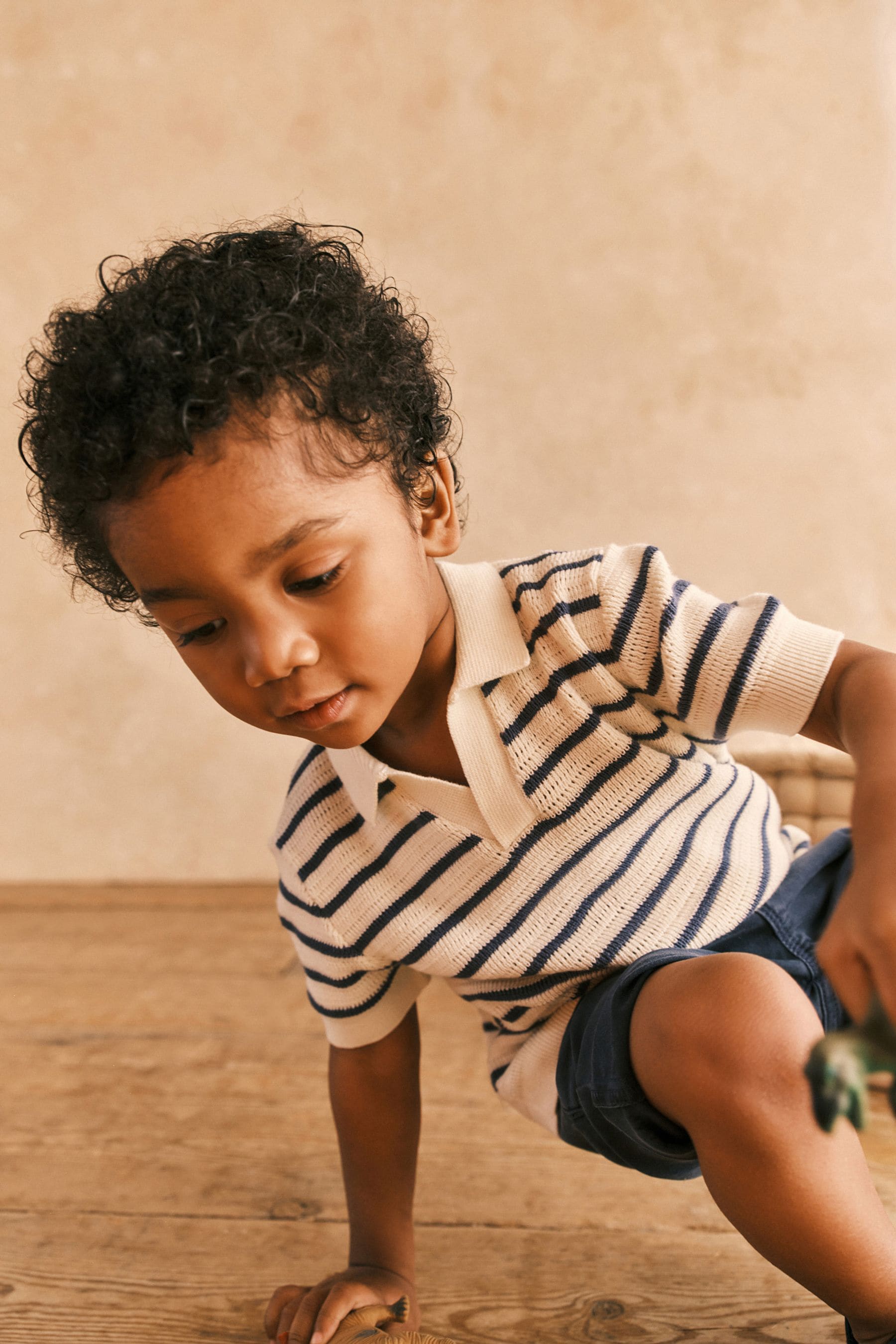 Ecru/Navy 100% Cotton Stripe Short Sleeved Polo Shirt (3mths-7yrs)