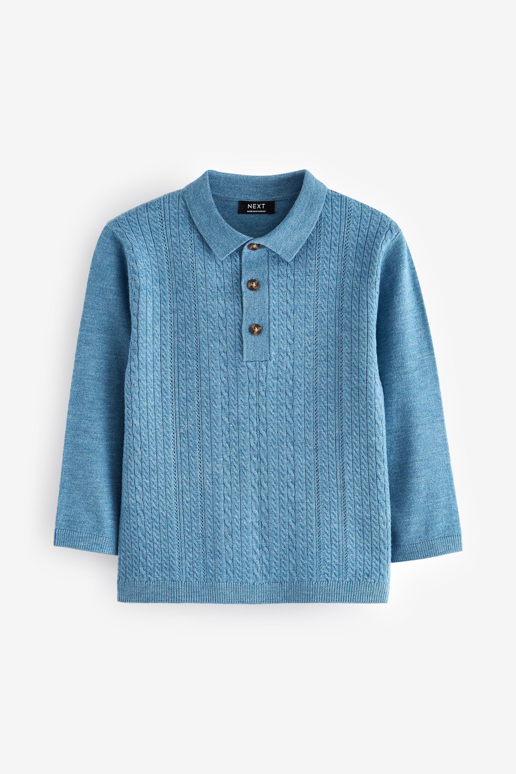 Blue Long Sleeve Cable Polo Shirt (3mths-7yrs)