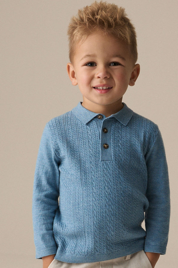 Blue Long Sleeve Cable Polo Shirt (3mths-7yrs)