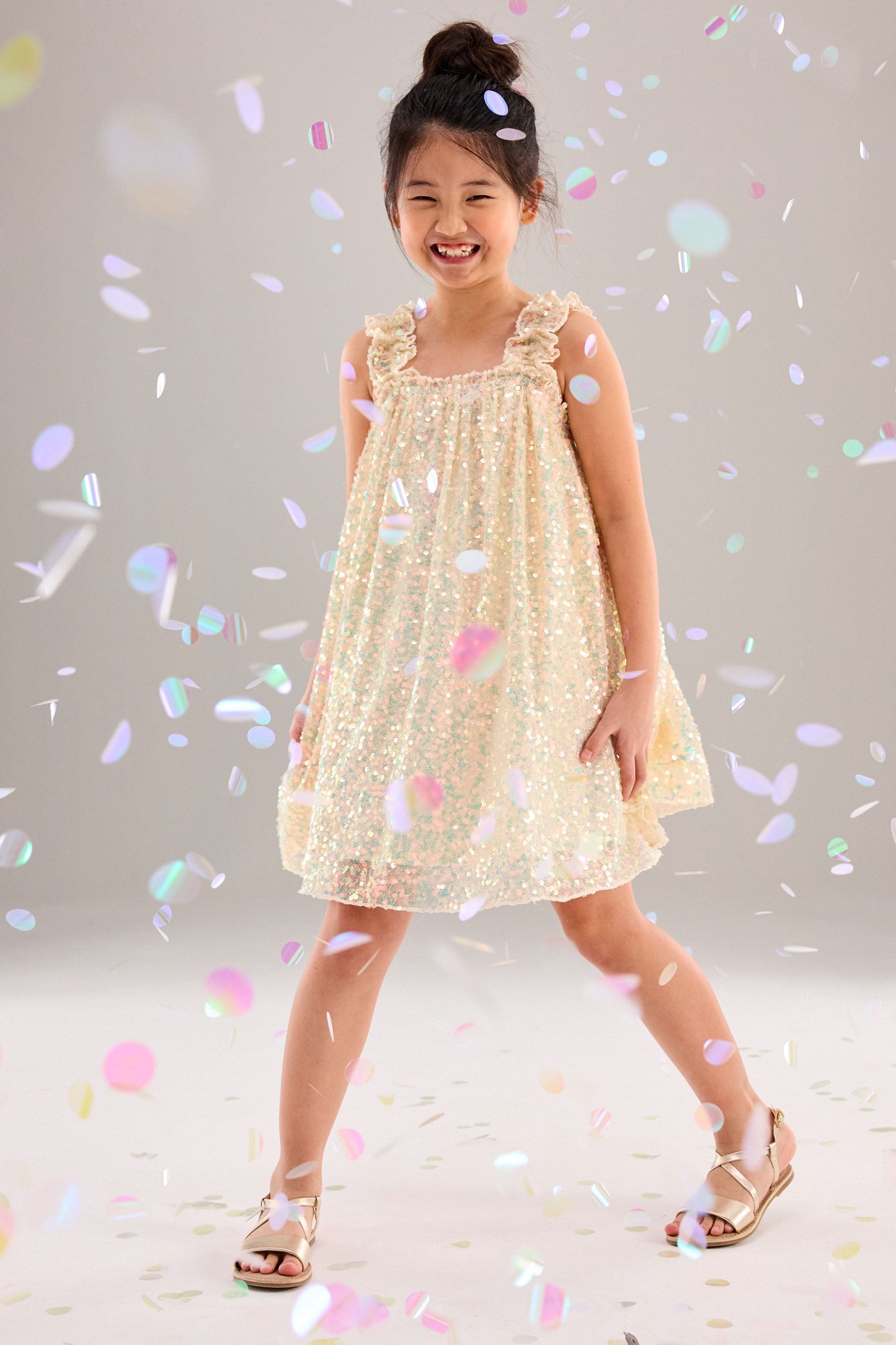 Neutral/ Iridescent Sequin Gathered Strappy Party Dress (3-14yrs)