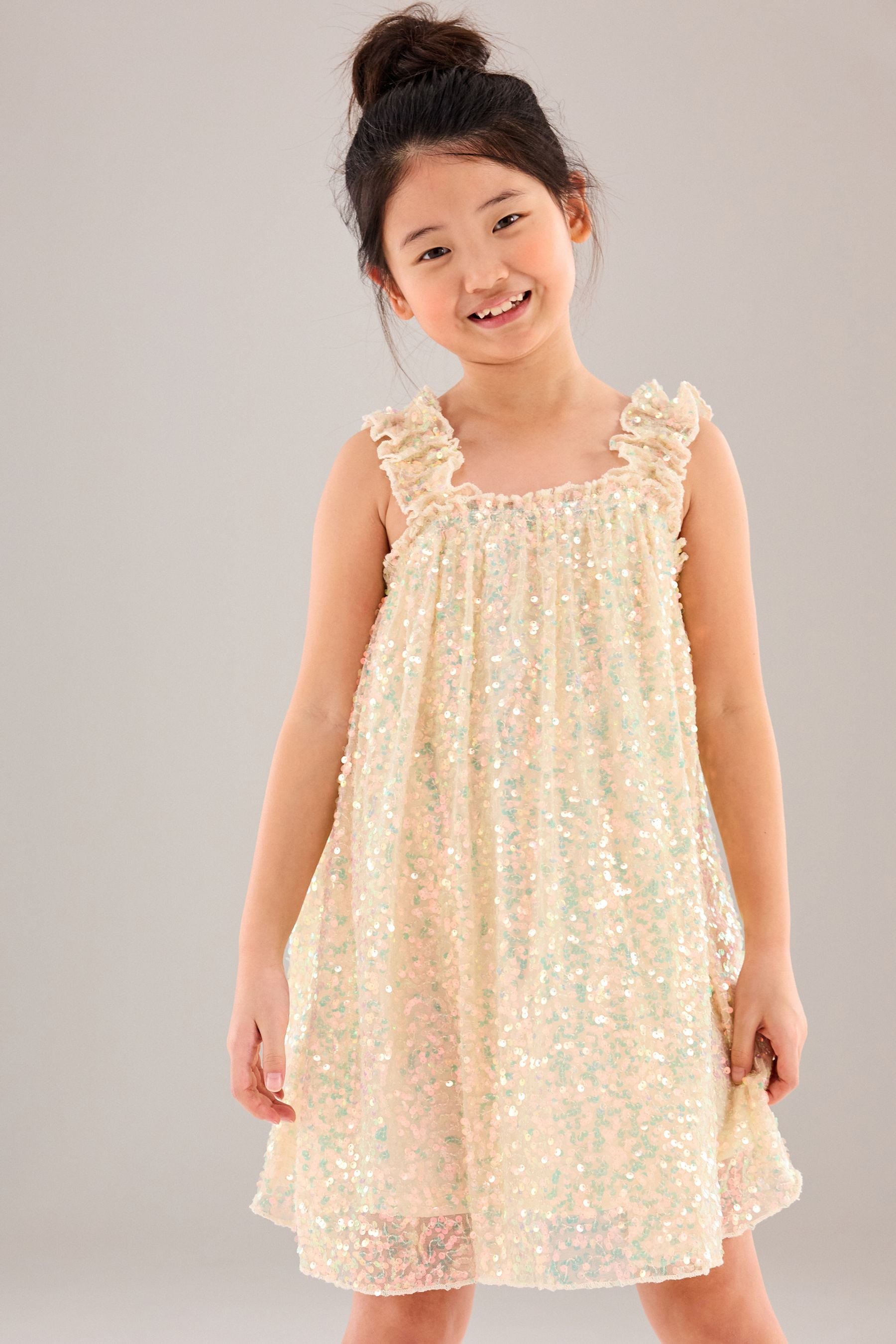 Neutral/ Iridescent Sequin Gathered Strappy Party Dress (3-14yrs)