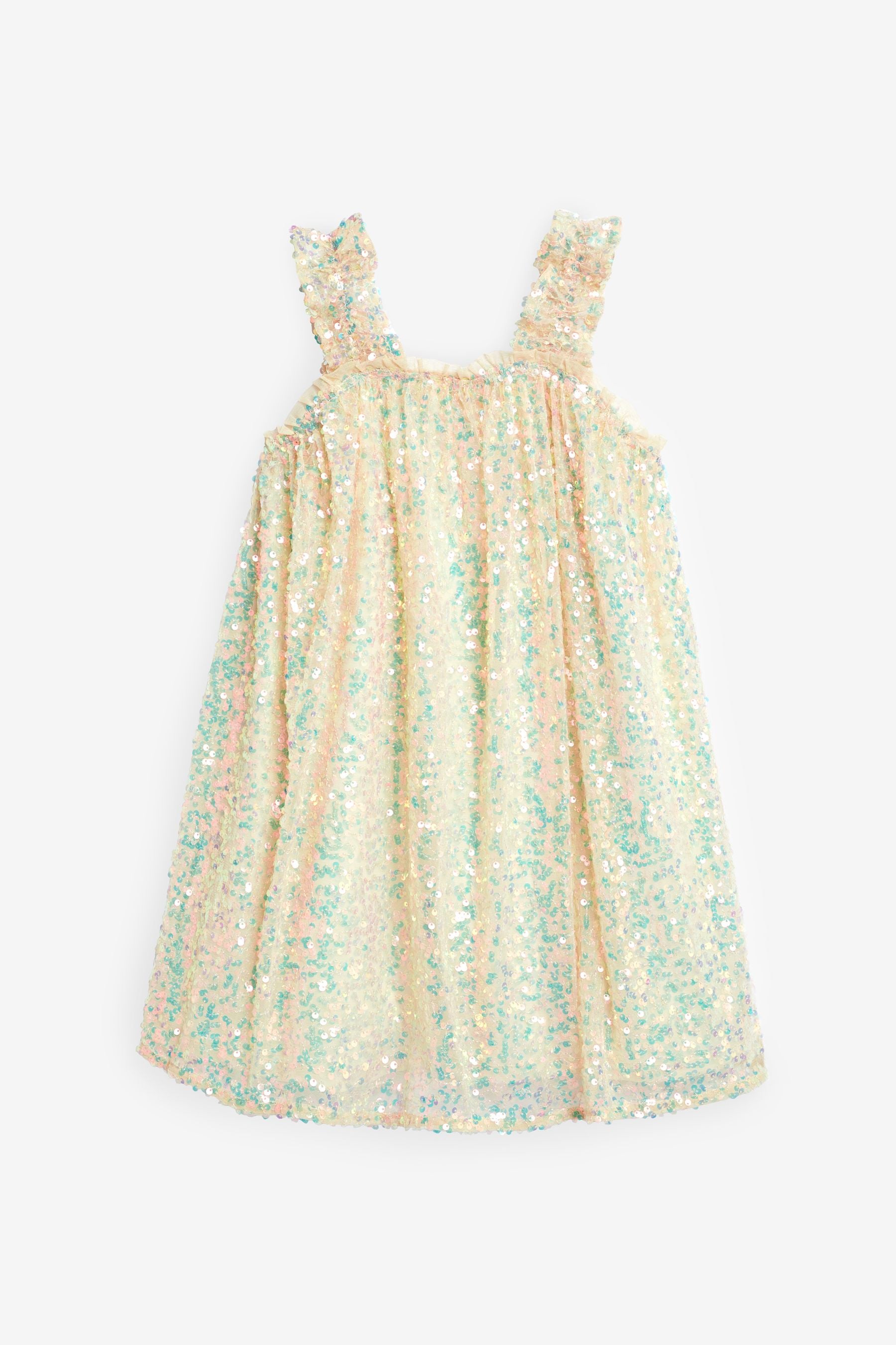 Neutral/ Iridescent Sequin Gathered Strappy Party Dress (3-14yrs)