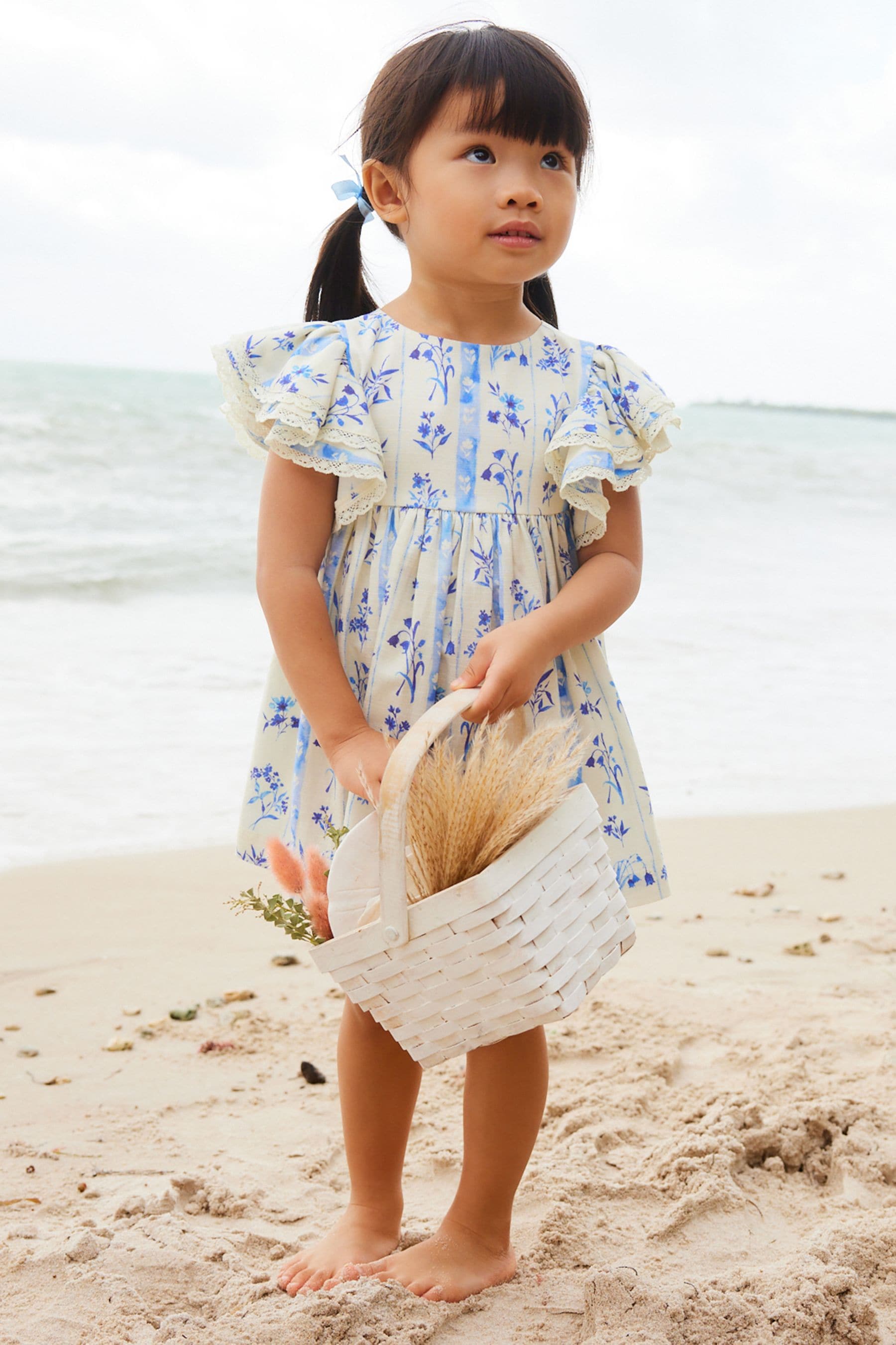 Blue Floral Angel Sleeve Dress (3mths-8yrs)